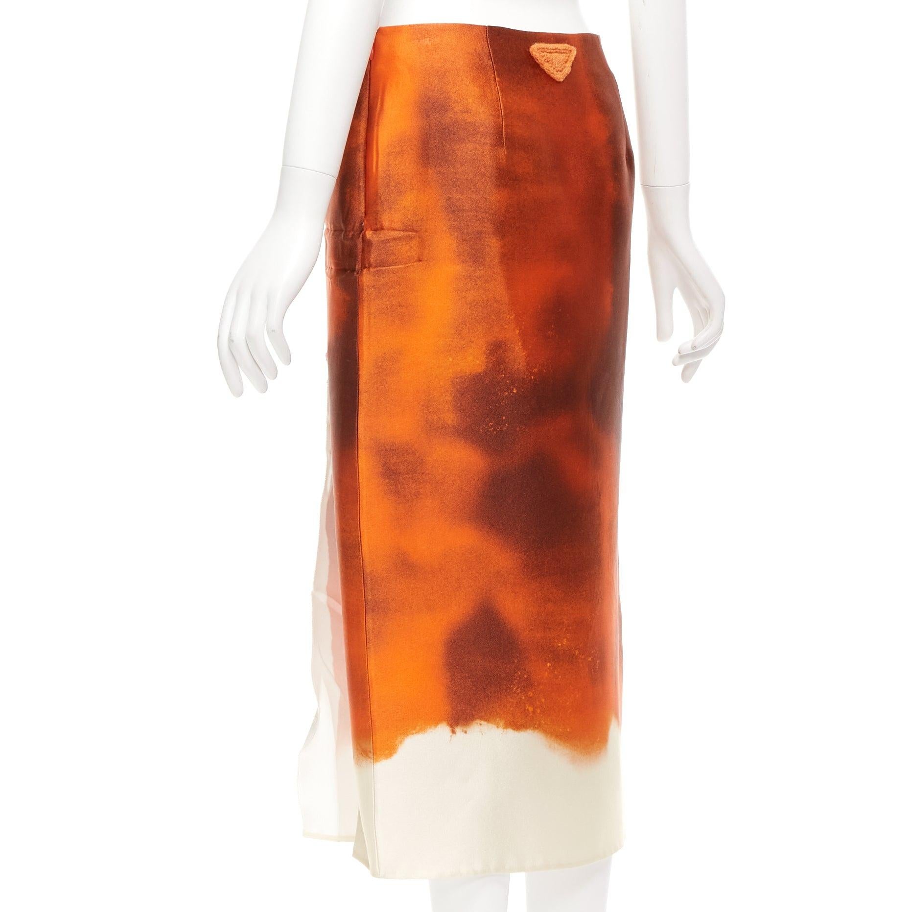 PRADA 2023 orange water dyed side slit crinkled silk blend skirt IT38 XS For Sale 1