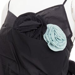 PRADA 2023 Runway black crinkled Re-Nylon crepe rosette draped slip gown IT38 XS