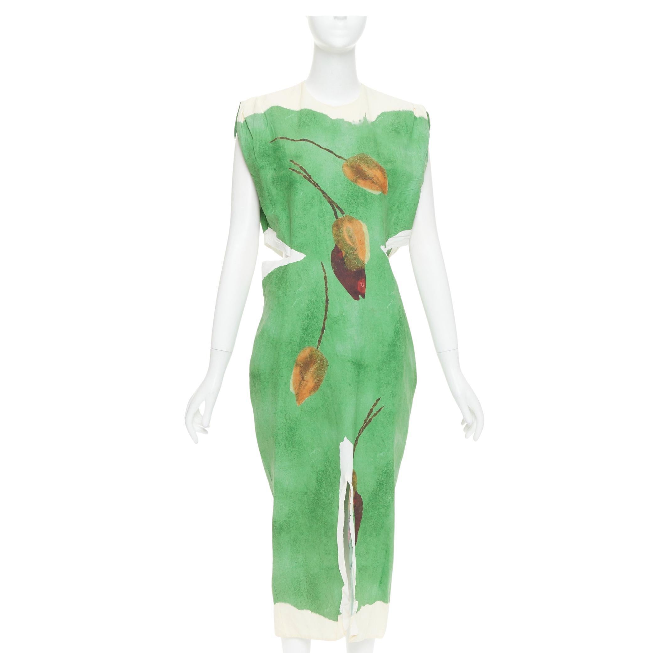 PRADA 2023 Runway green paper blend brown floral print crinkled dress IT38 XS