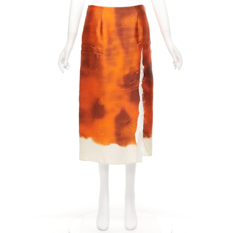PRADA 2023 Runway orange water dyed side slit crinkled silk skirt