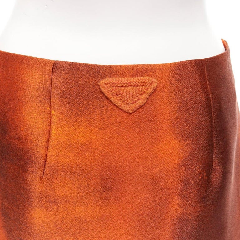 PRADA 2023 Runway orange water dyed side slit crinkled silk skirt