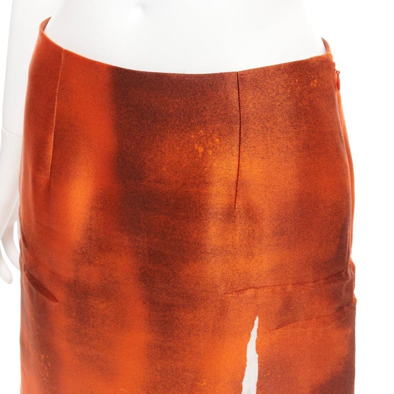 PRADA 2023 Runway orange water dyed side slit crinkled silk skirt