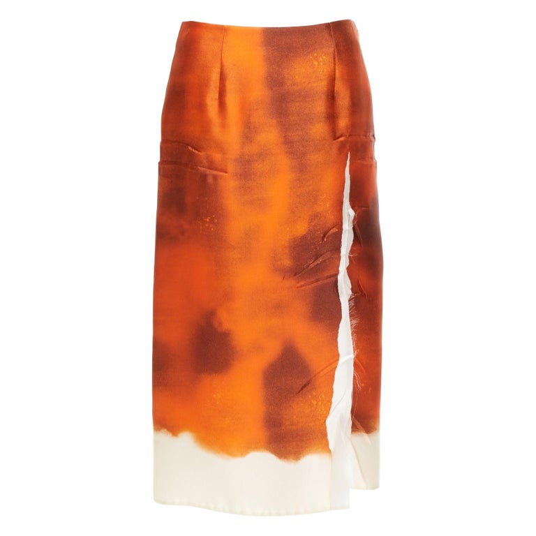 スカート Prada Silk Skirt IT 38 PRADA 2023 Runway orange water dyed side slit crinkled silk skirt