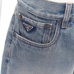 PRADA 2023 Symbole triangle logo blue washed denim high waist wide leg shorts