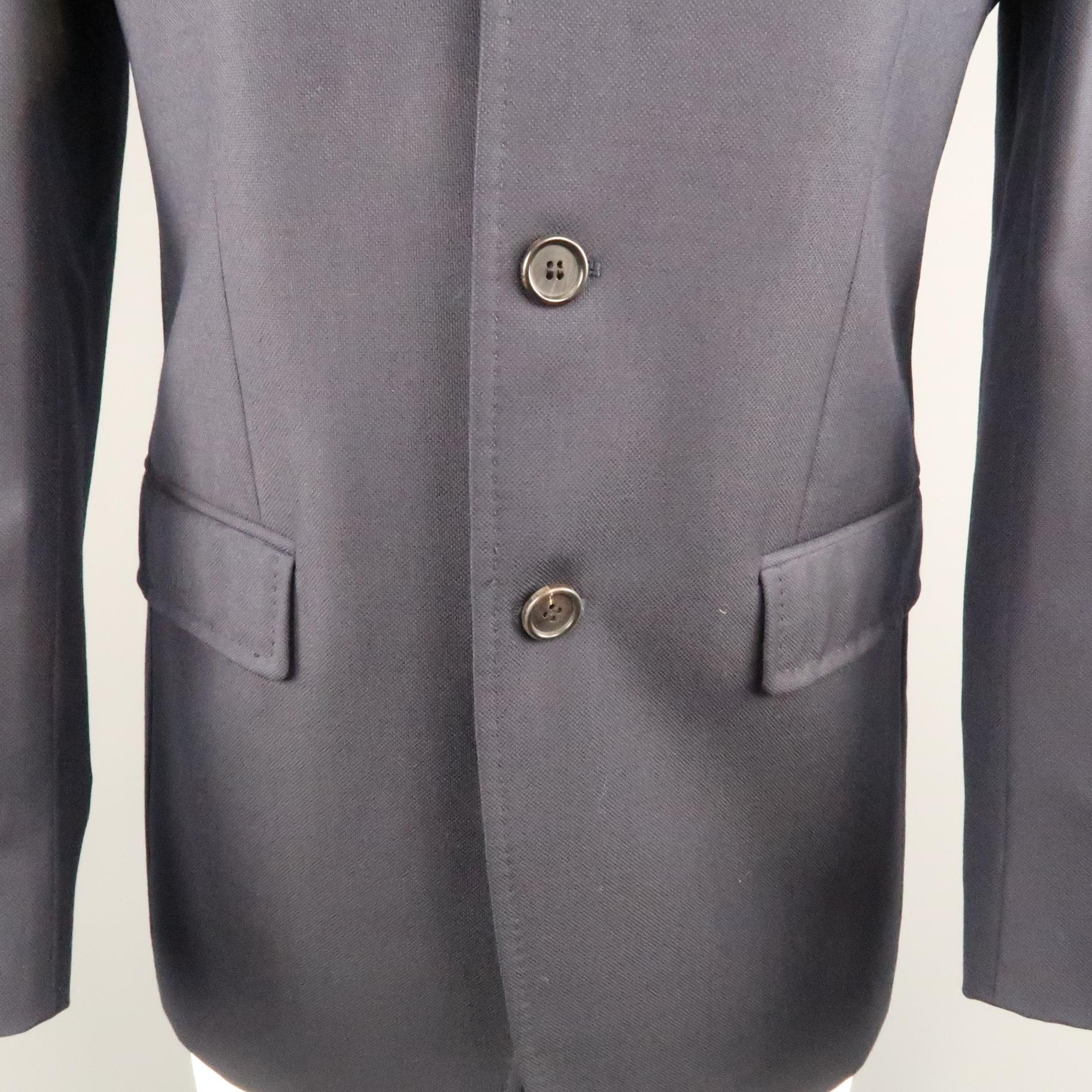 Black PRADA 38 Regular Navy Woven Textured Wool Three Button Sport Coat