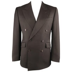 PRADA 42 Black Solid Wool / Mohair Twill Peak Lapel Double Breasted Sport Coat