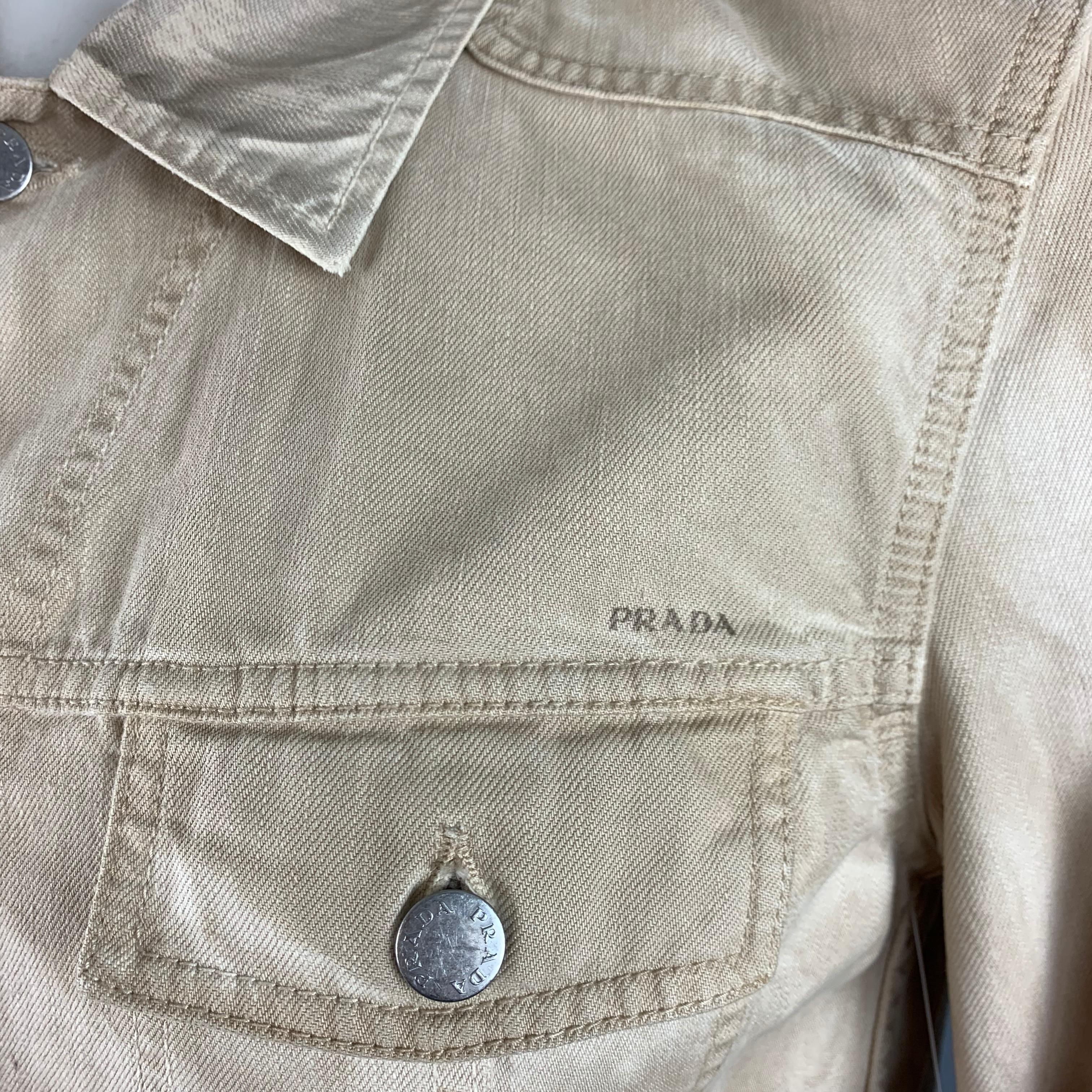 PRADA 42 Khaki Dyed Distressed Cotton Buttoned Trucker Jacket 7
