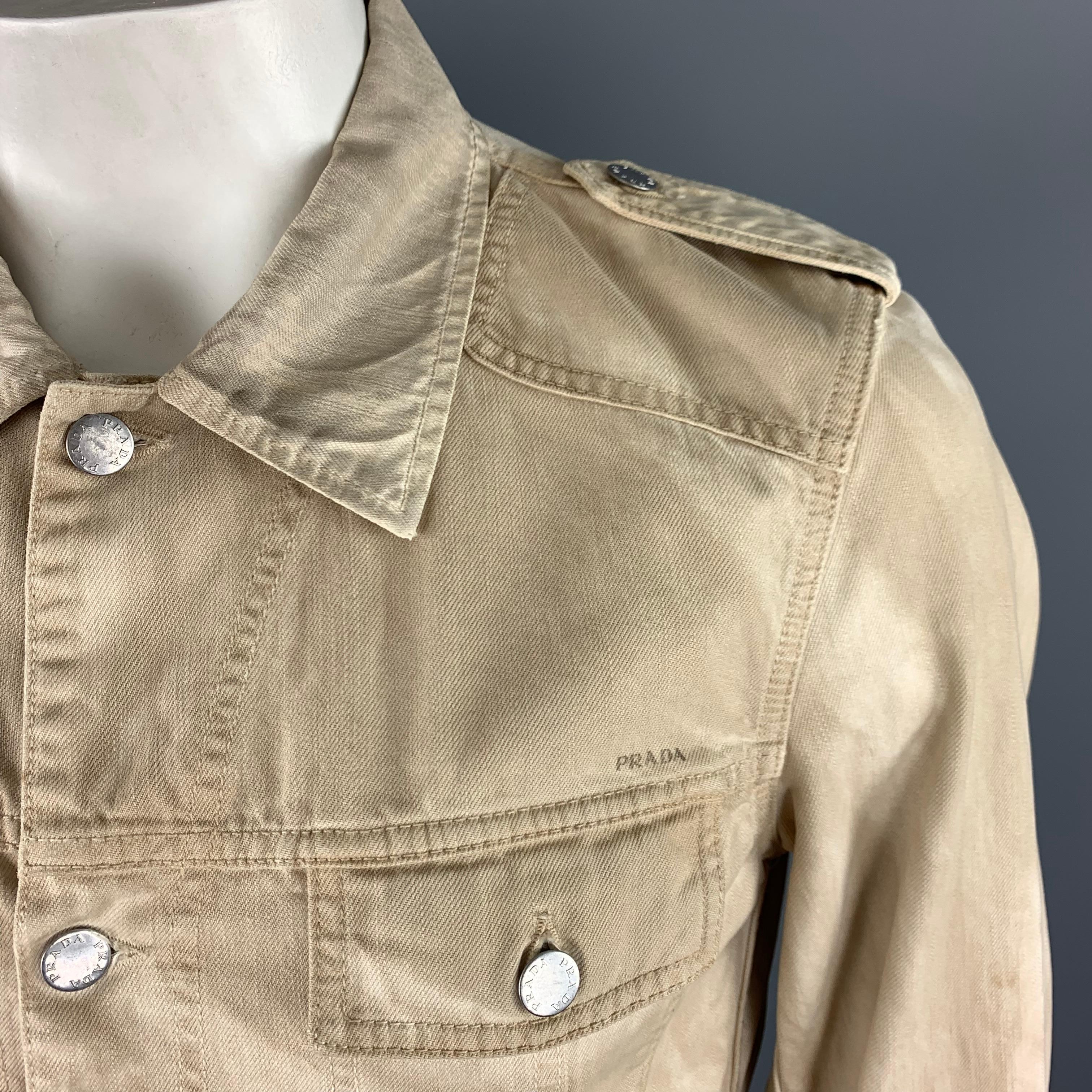 Beige PRADA 42 Khaki Dyed Distressed Cotton Buttoned Trucker Jacket