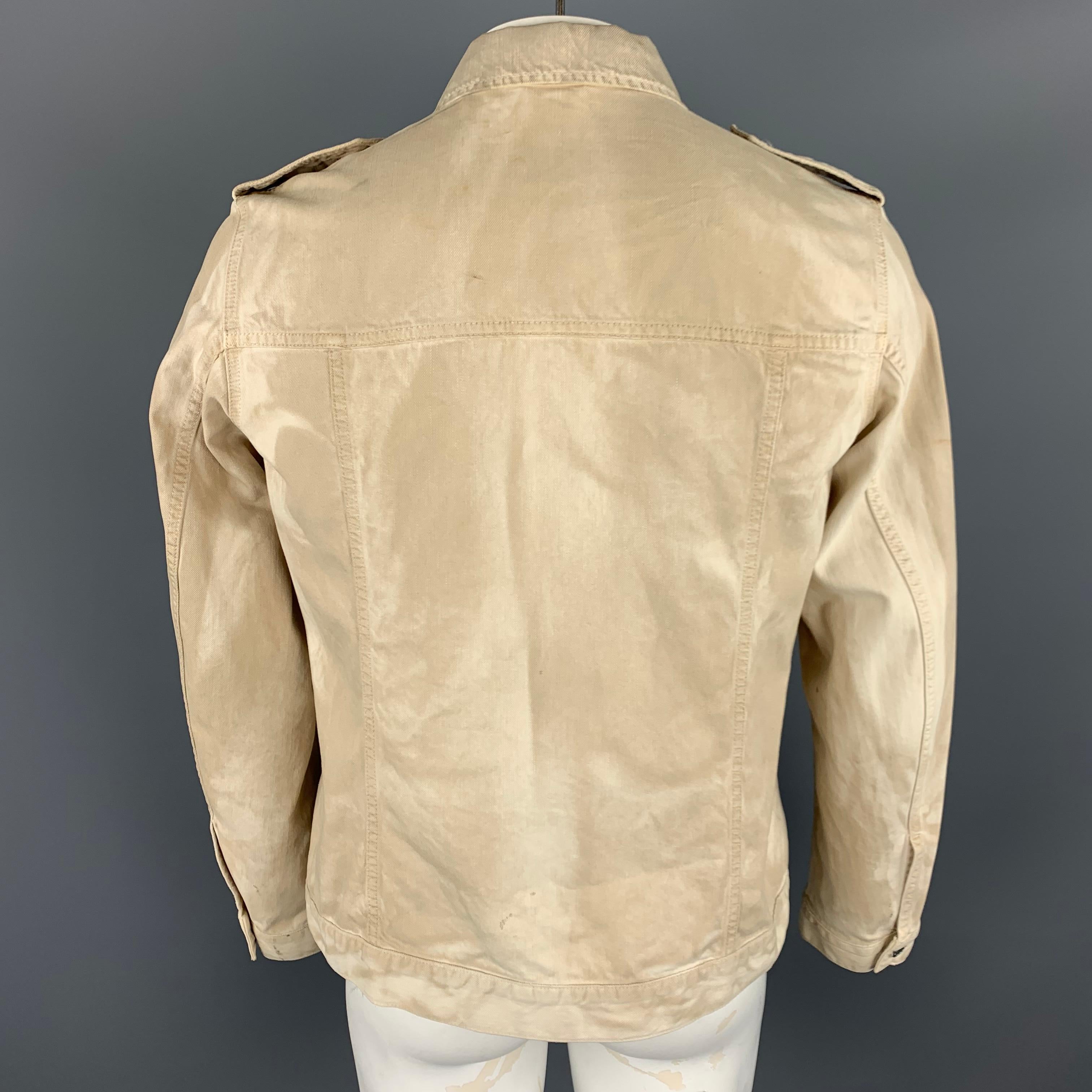 Men's PRADA 42 Khaki Dyed Distressed Cotton Buttoned Trucker Jacket