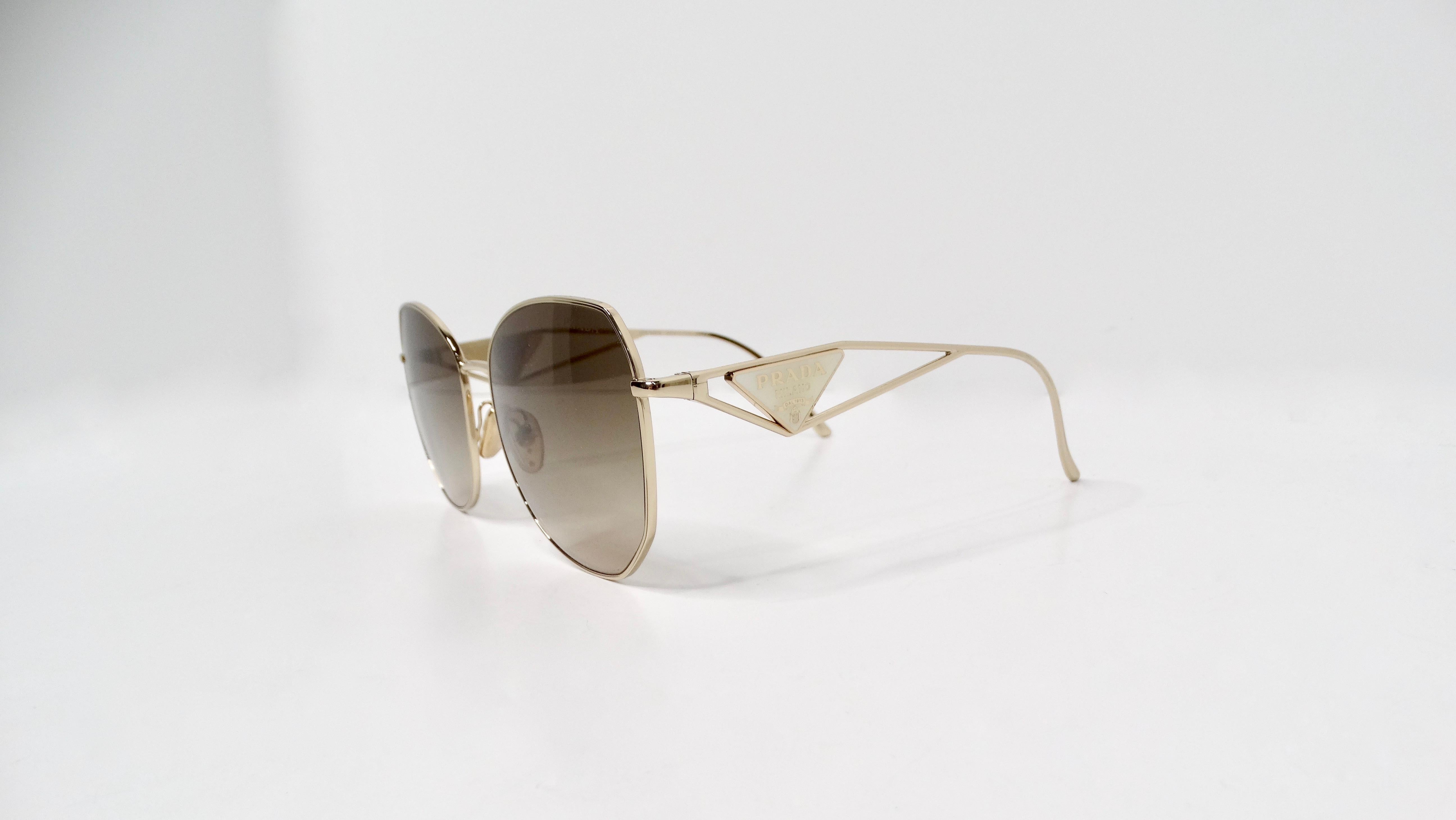 Women's Prada 57Y Gold-Tone Metal Frame Logo Aviator Sunglasses For Sale