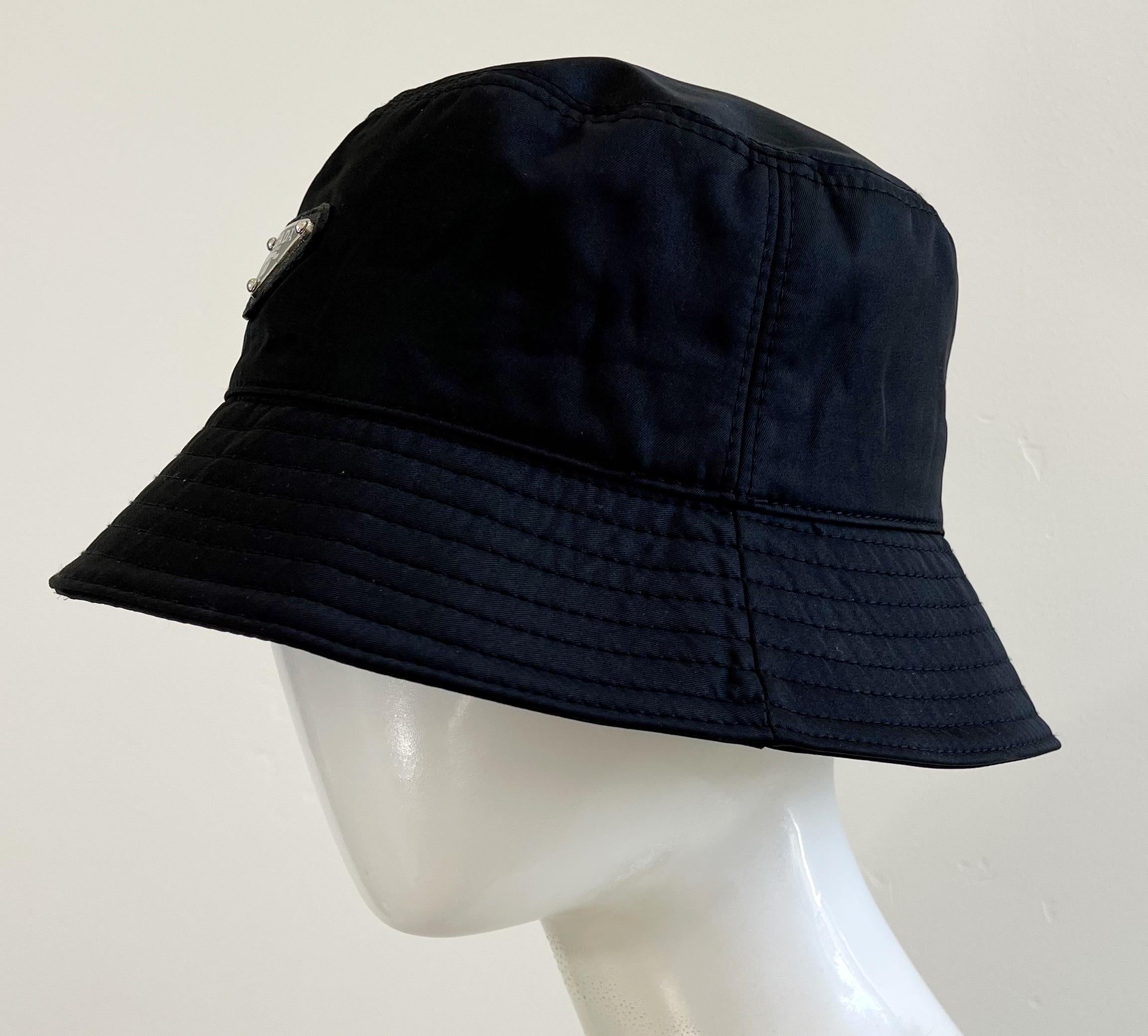 Prada 90s Style Black Nylon Unisex Logo Vintage Y2K Bucket Hat Size ...