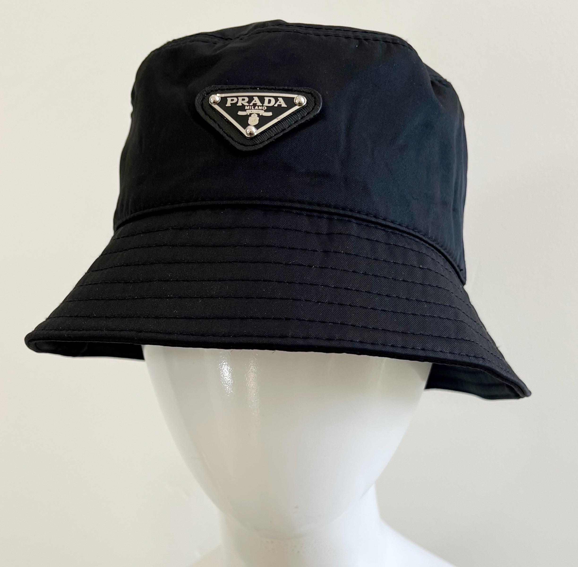 Prada 90s Style Black Nylon Unisex Logo Vintage Y2K Bucket Hat Size Medium 1