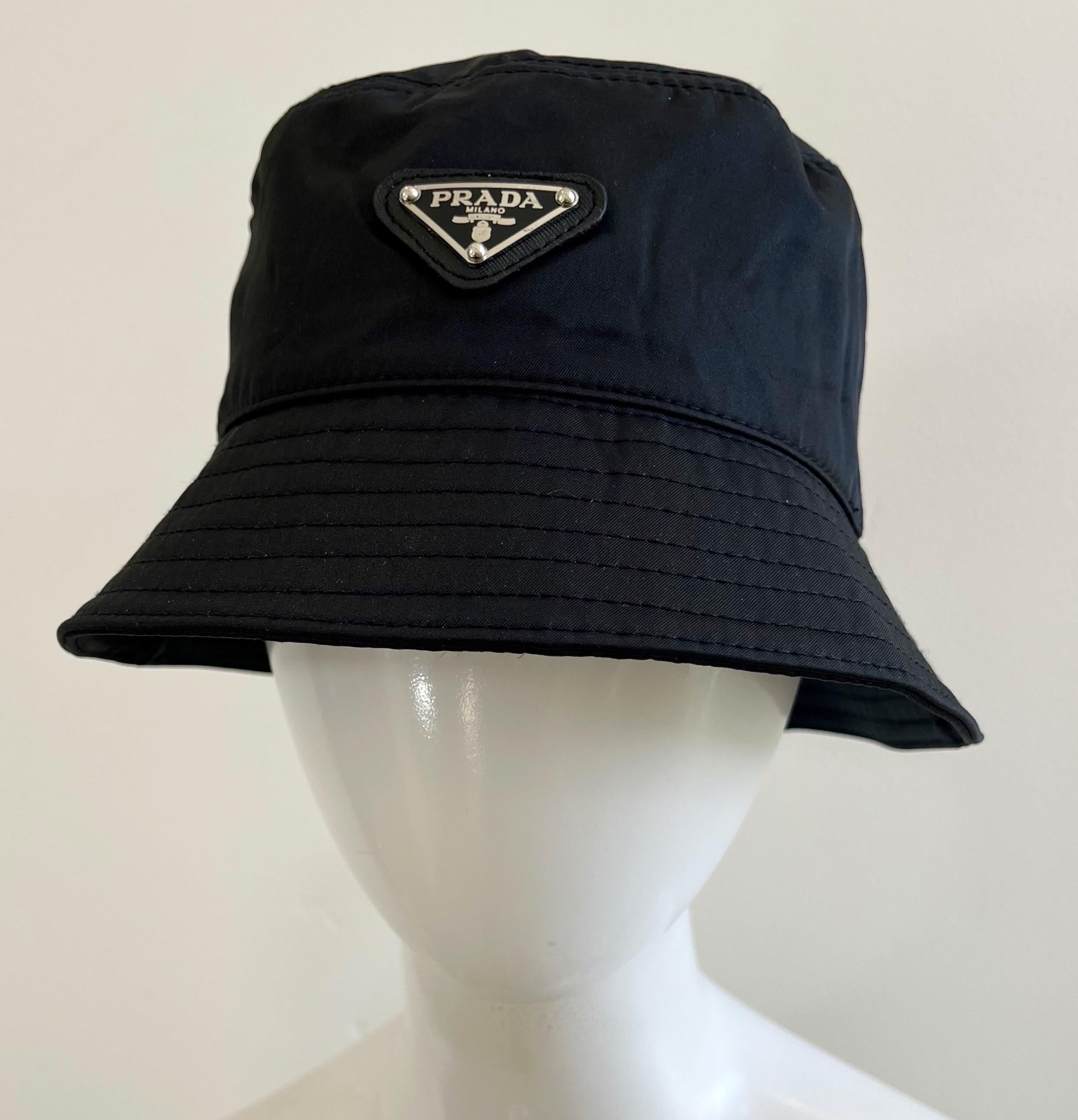 Prada 90s Style Black Nylon Unisex Logo Vintage Y2K Bucket Hat Size Medium 2