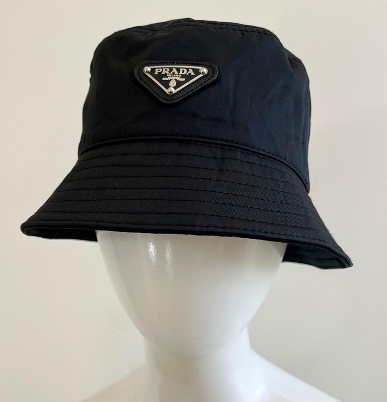 Prada 90s Style Black Nylon Unisex Logo Vintage Y2K Bucket Hat Size Medium For Sale at 1stDibs
