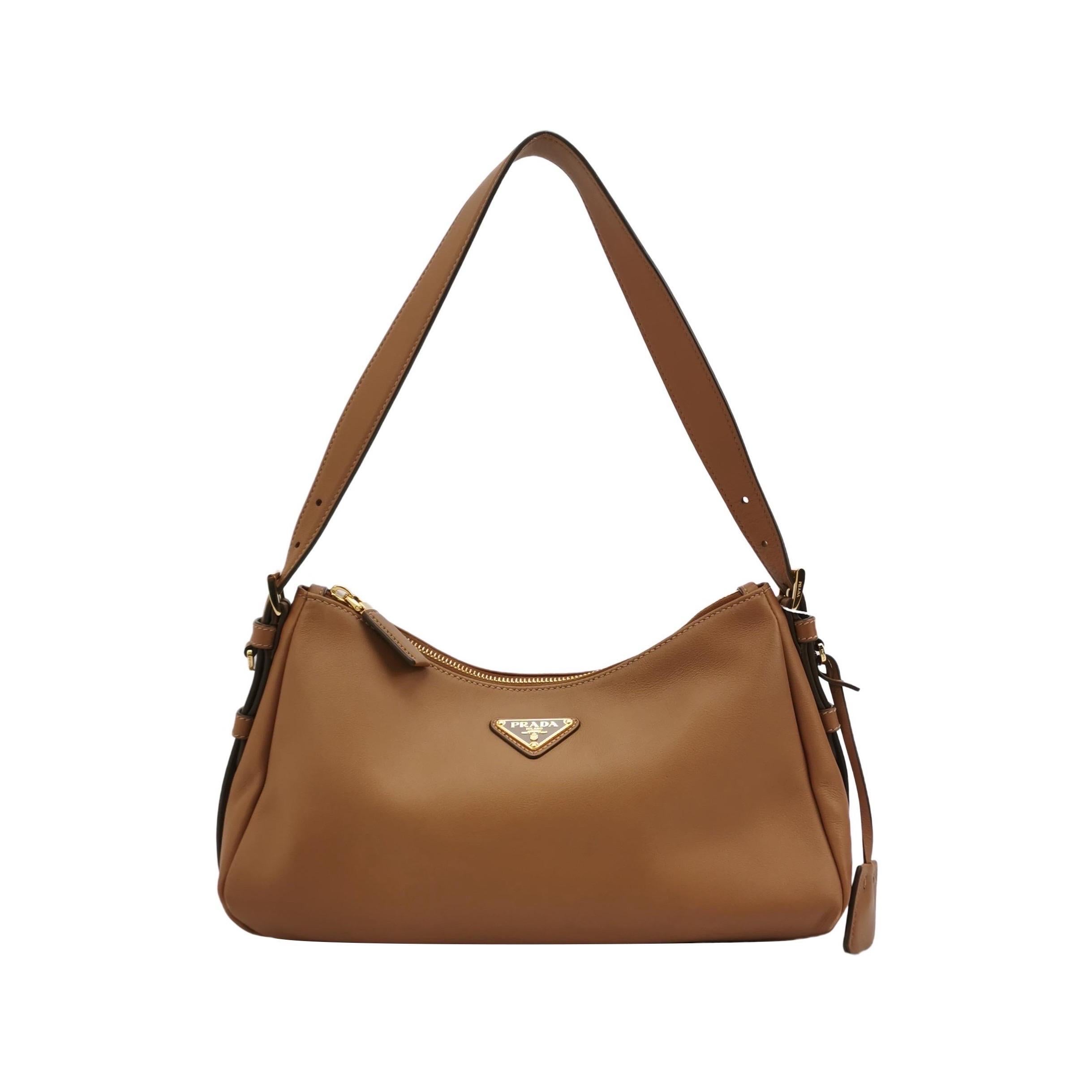 Prada Aimée Tan Brown Medium Calfskin Leather Shoulder Bag For Sale