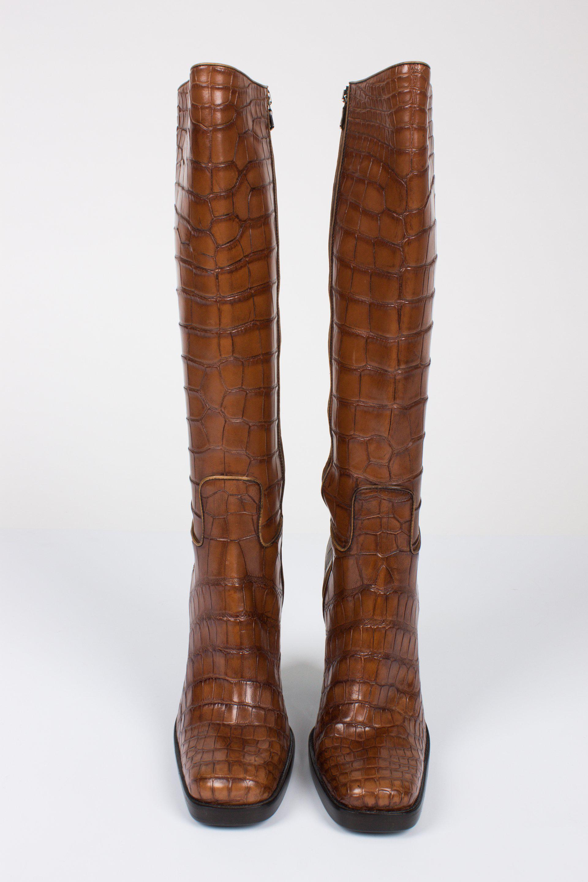 Brown Prada Alligator Croco Leather Boots - light brown For Sale