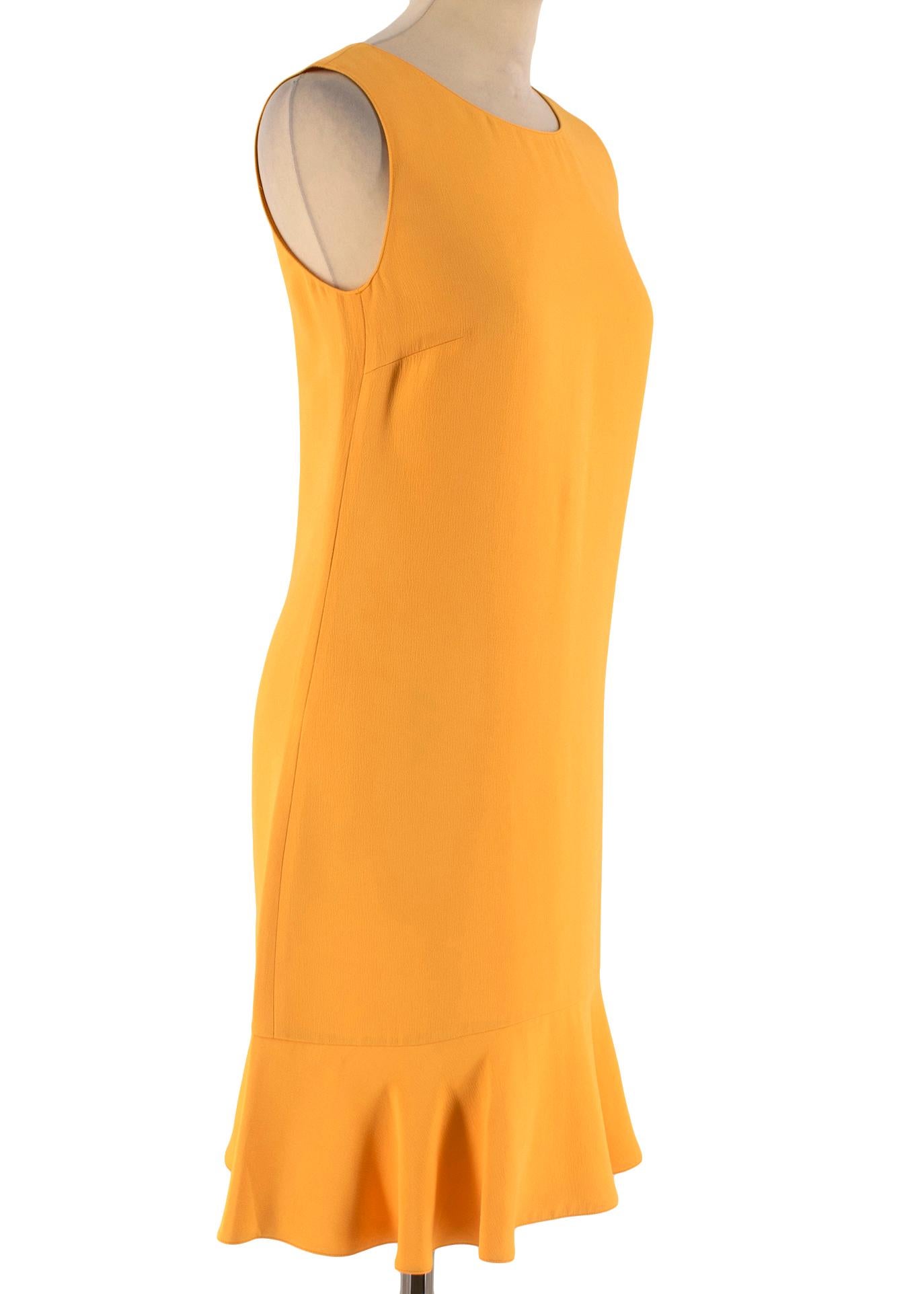 Prada Yellow Ruffled Sleeveless Shift Dress RRP £995

- Made in Italy 
- Ruffled hem
- 100% Viscose 
- Concealed hook and zip fastening at the back
- Prada size 38 equals UK 6
- Deep amber Yellow colour