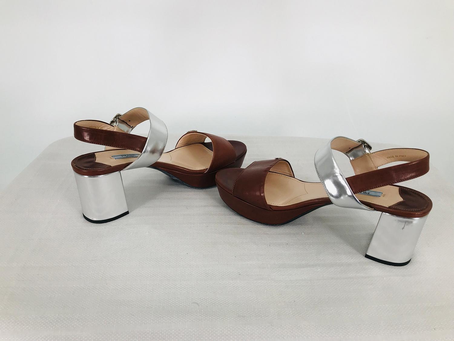 Prada Ankle Strap Open Toe Platform Sandals Silver Lamé For Sale 3