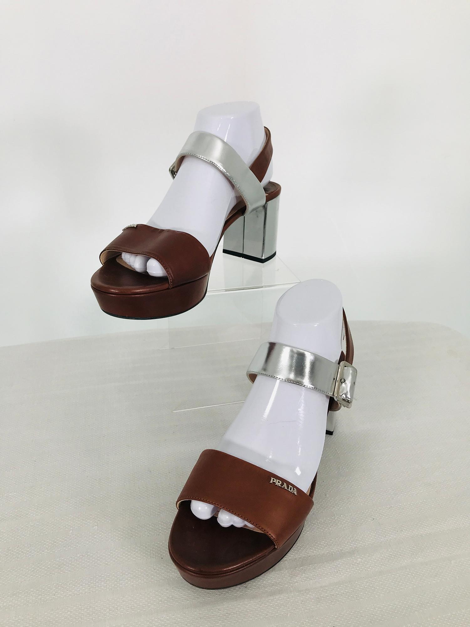 Prada Ankle Strap Open Toe Platform Sandals Silver Lamé In Good Condition For Sale In West Palm Beach, FL