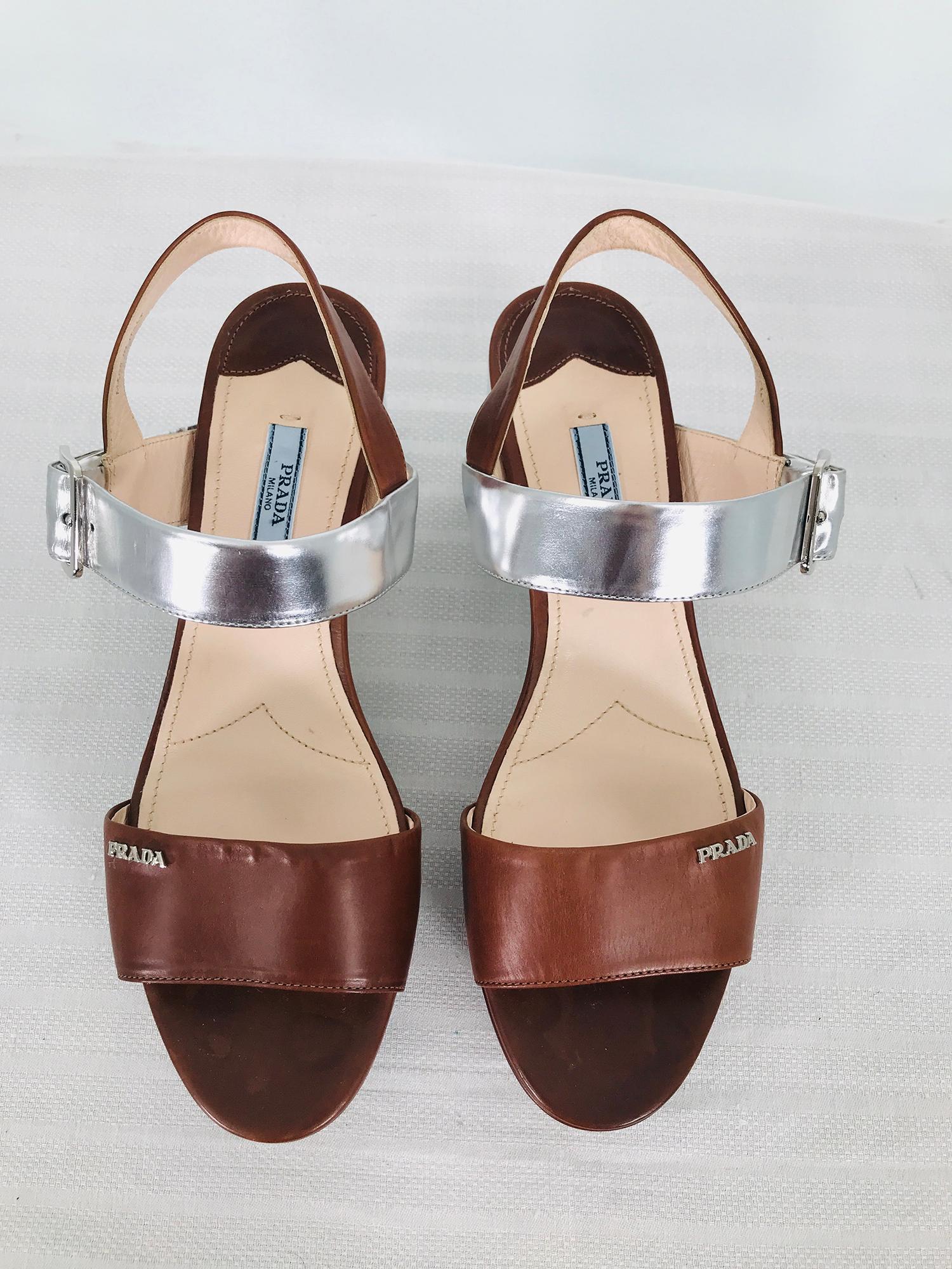 Women's Prada Ankle Strap Open Toe Platform Sandals Silver Lamé For Sale