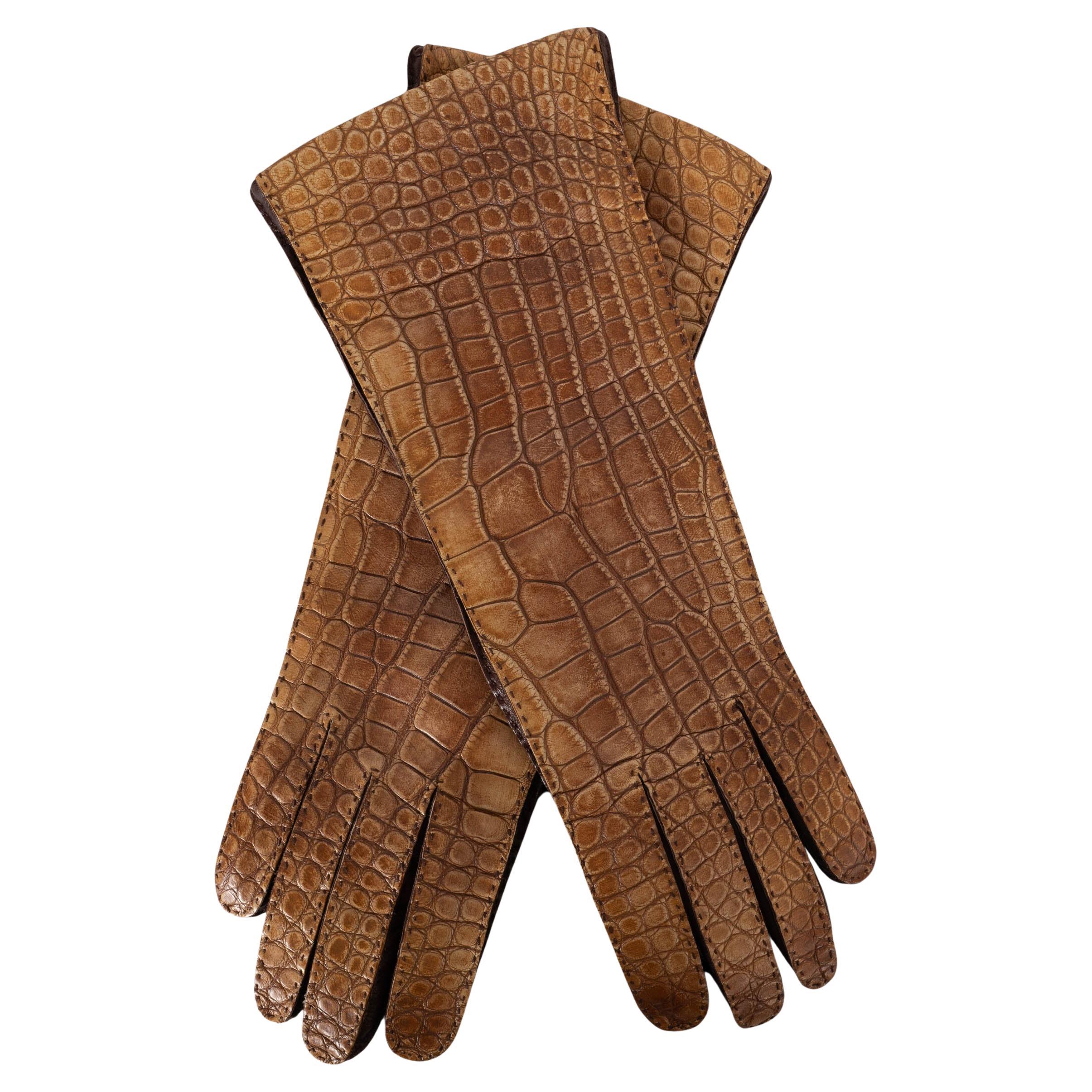PRADA antique light brown CROC & LEATHER Gloves 7