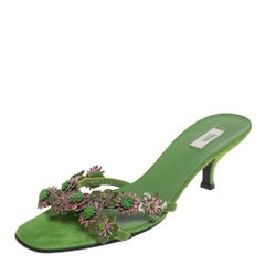 Prada Apple Green Suede And Patent Leather Floral Applique Slide Sandals 37.5