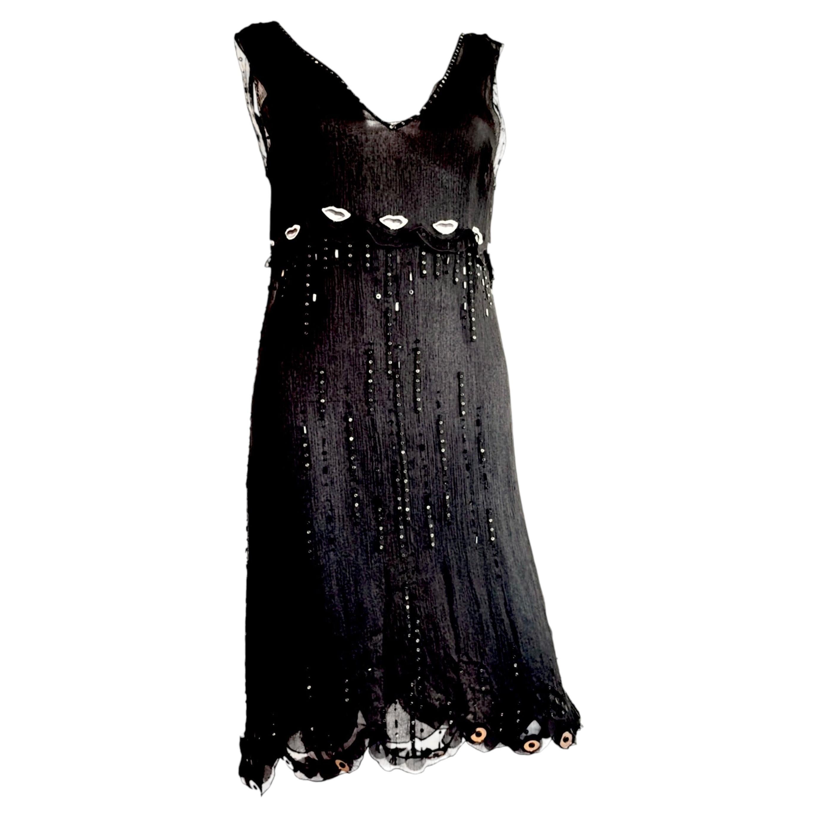 Pre-owned Prada Archival S/s 2000 Runway Black Silk Embroidered Lip Dress