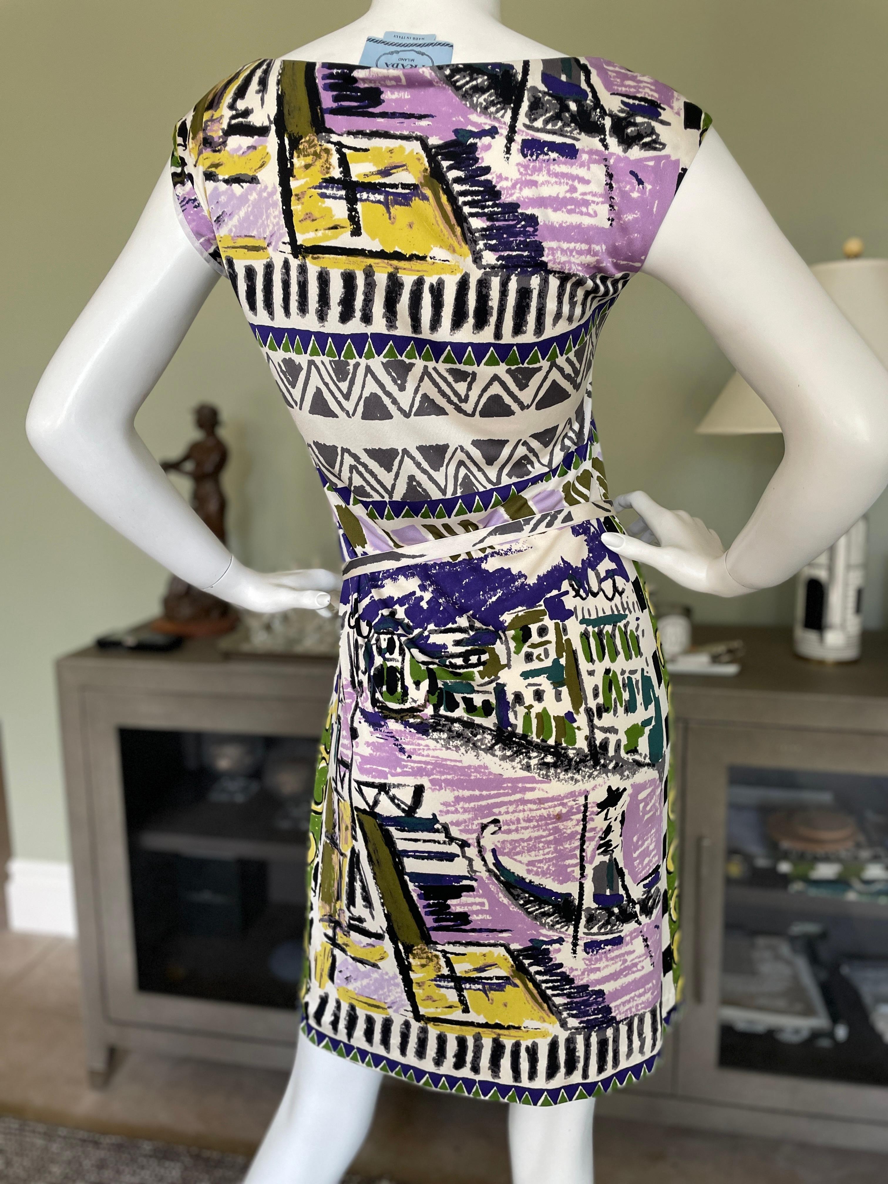 Women's Prada Archive Print Venice Postcard Jersey Dress with Belt For Sale