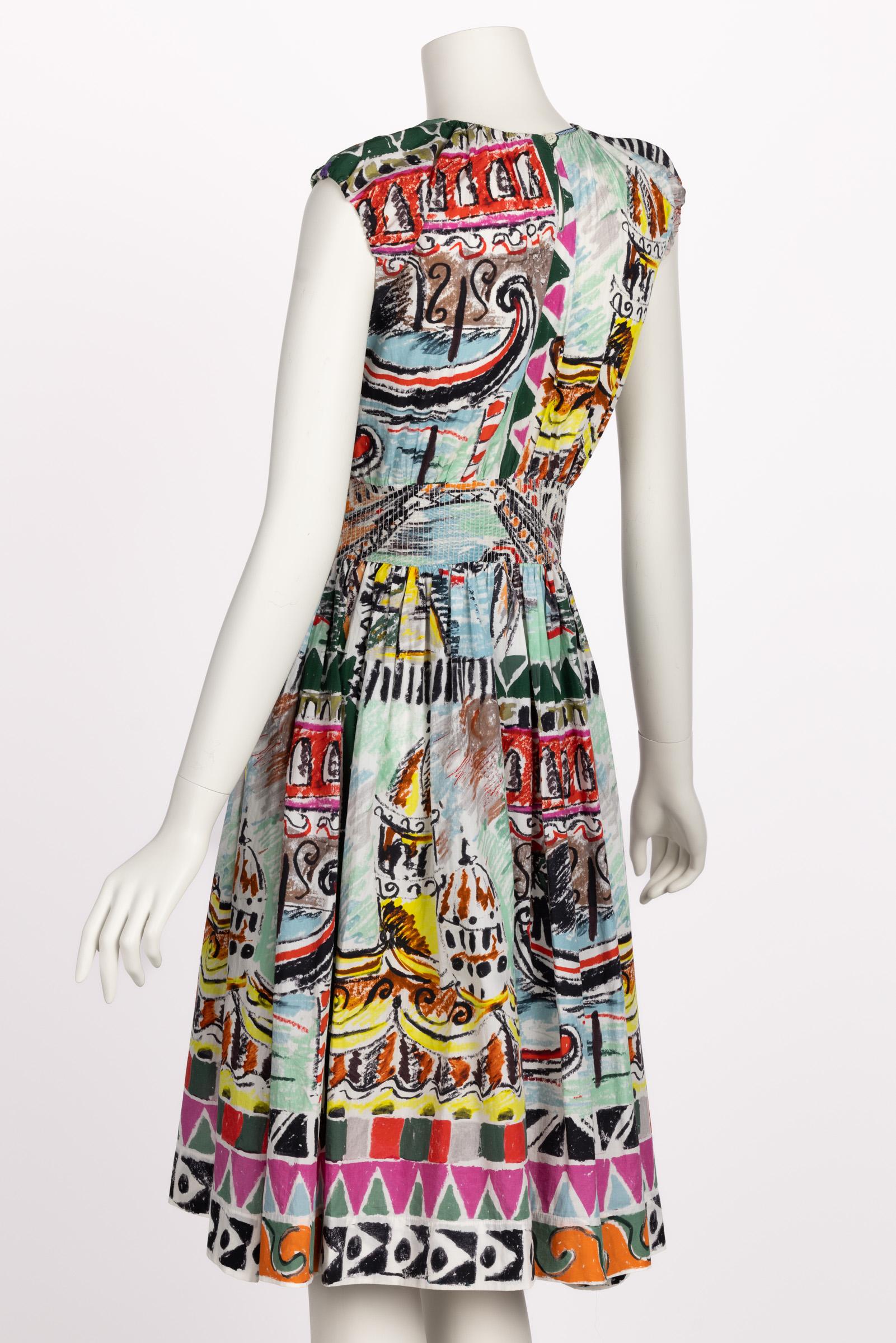   Prada Archive Print Venice Postcard Sleeveless Midi Poplin Dress 2019 In Excellent Condition In Boca Raton, FL