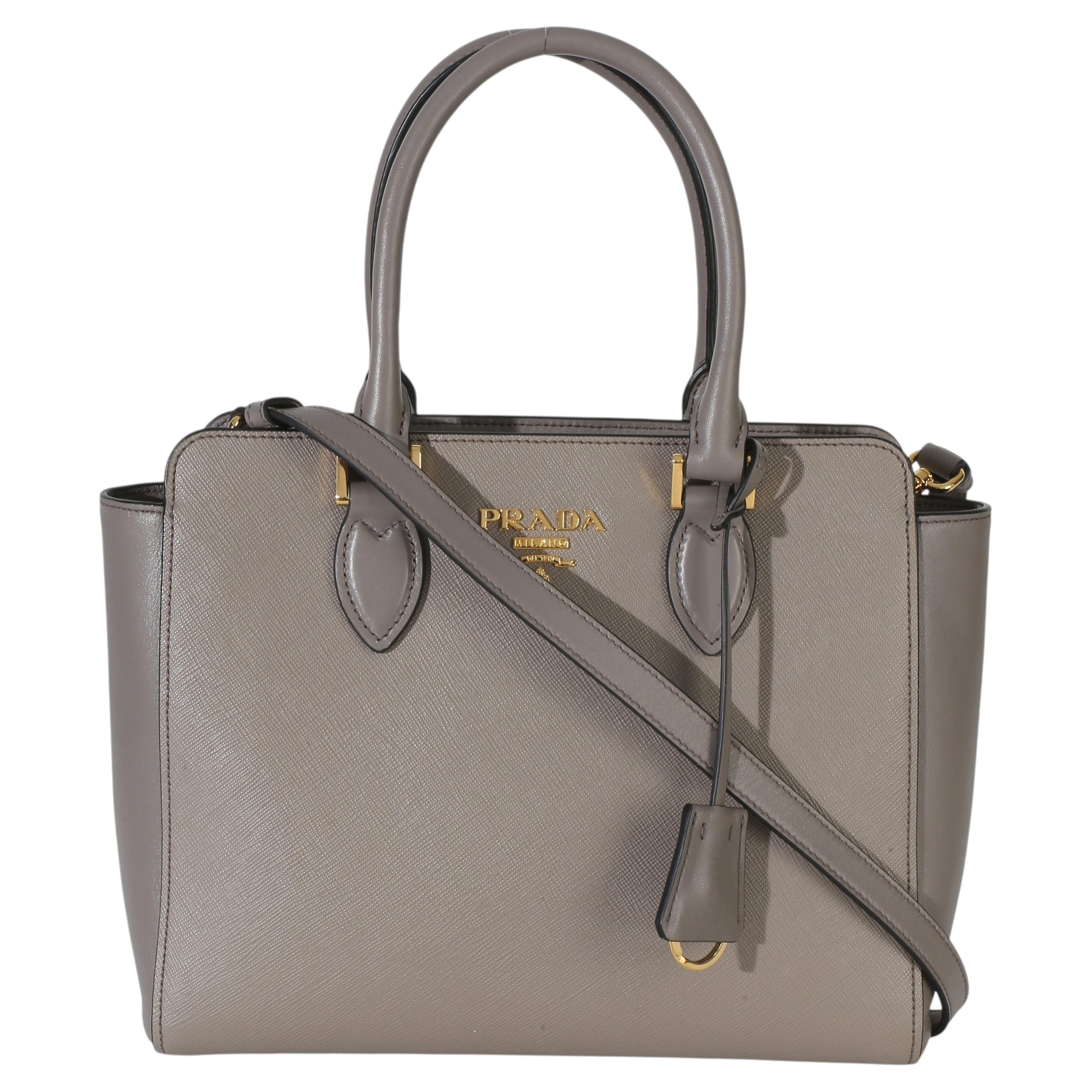 Pre-owned Prada Argilla Saffiano Soft Calfskin Small Top Handle Tote In Gray
