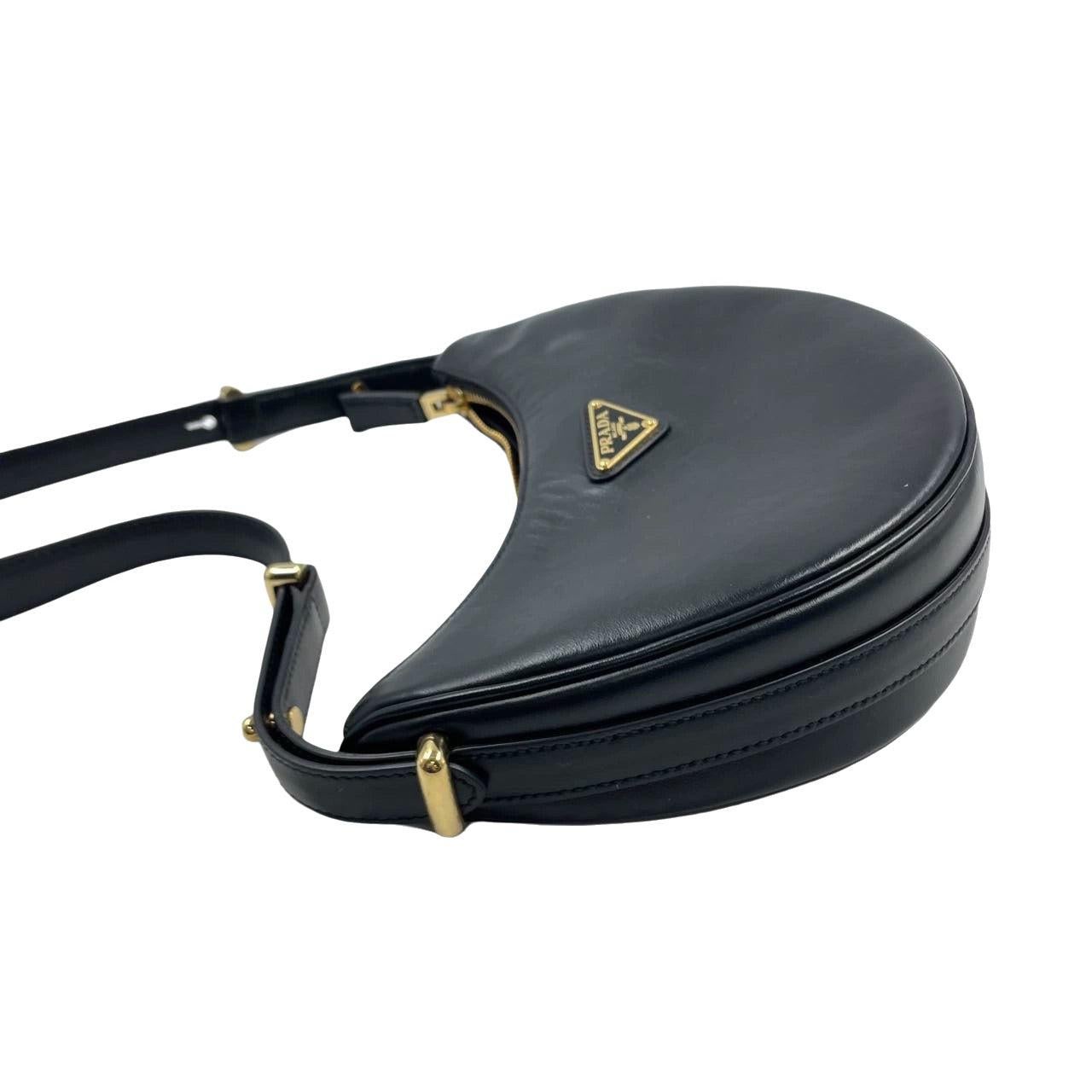 Black Prada Arqué black calfskin leather shoulder bag Crescent Moon Shape