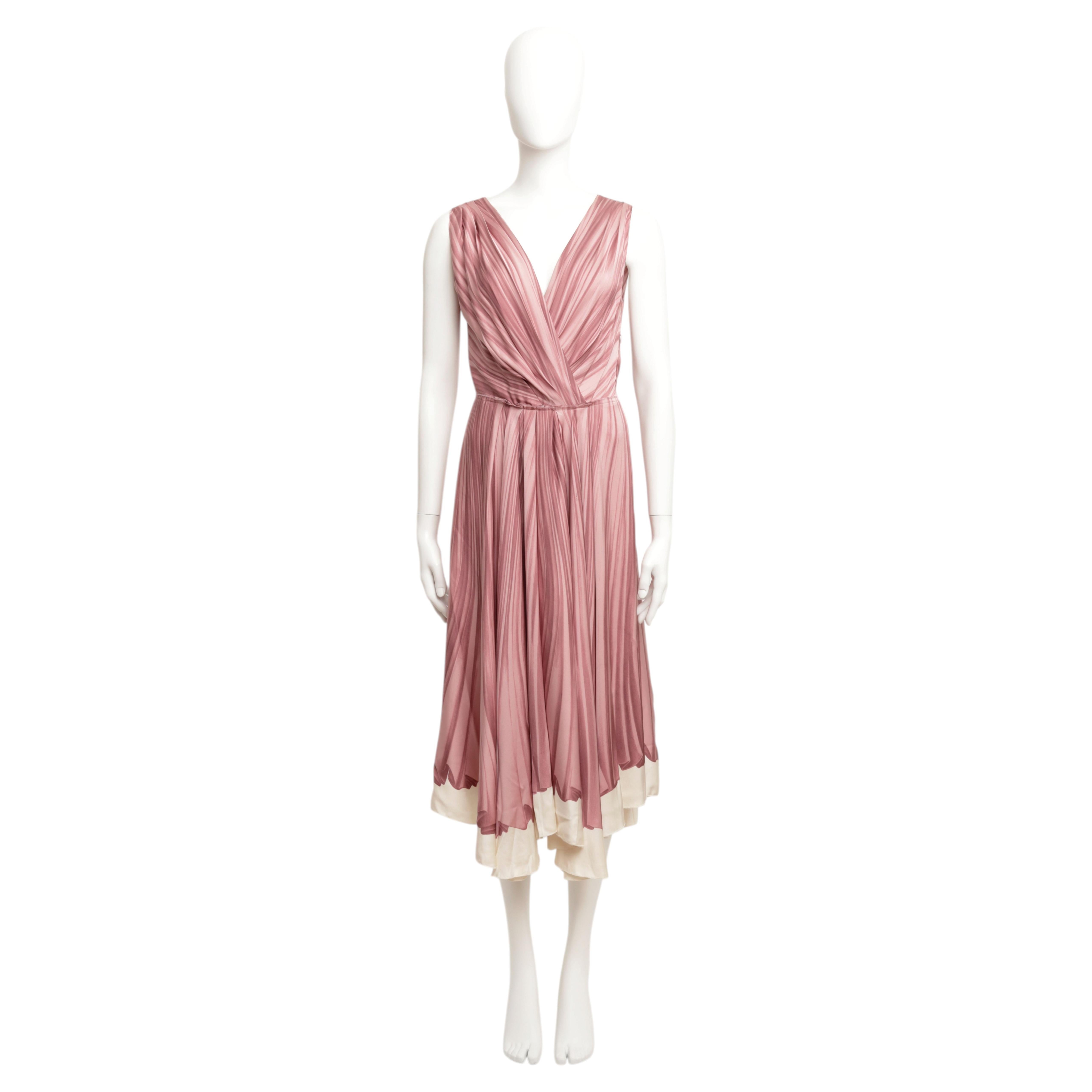 Prada AW 2004 Documented Runway Trompe l'oeil Pleated Dress Pink Printed Silk
