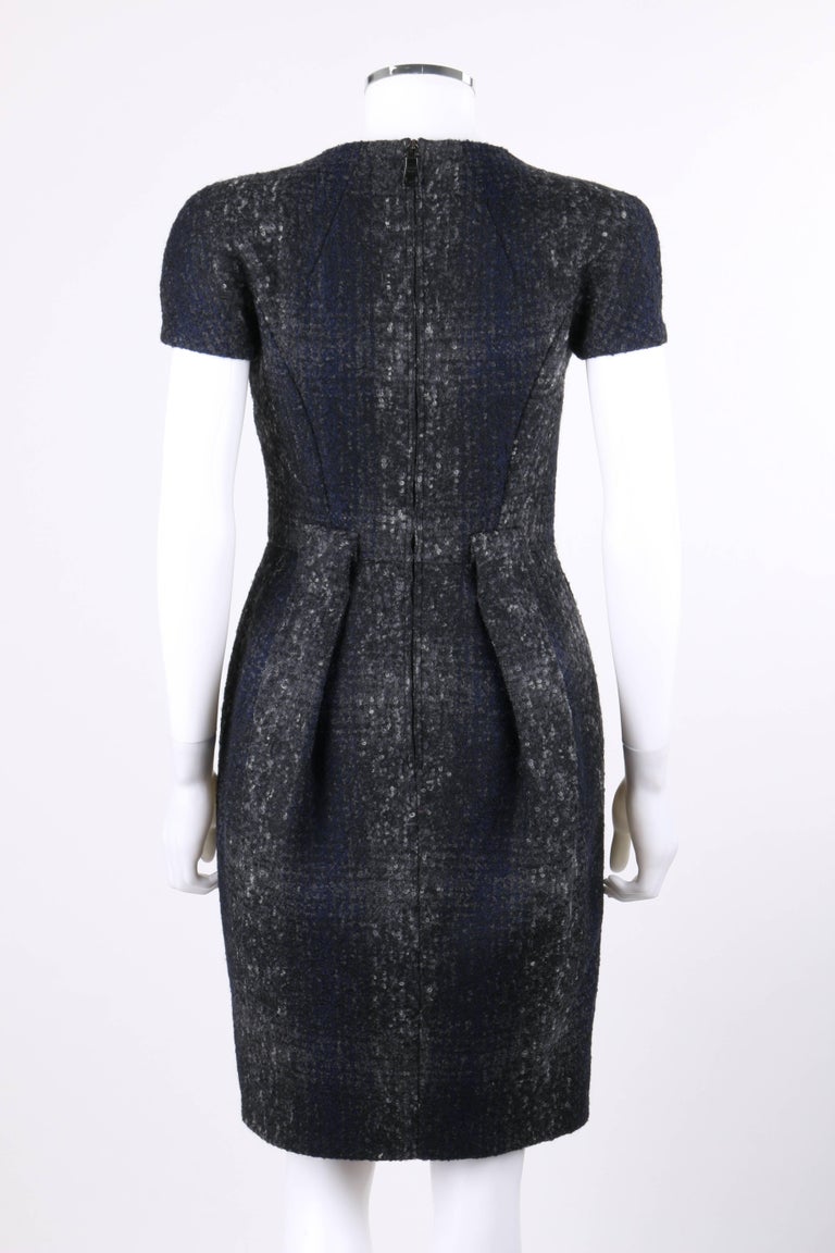 PRADA A/W 2009 Navy Blue and Gray Plaid Boucle Wool Pleated Shift ...