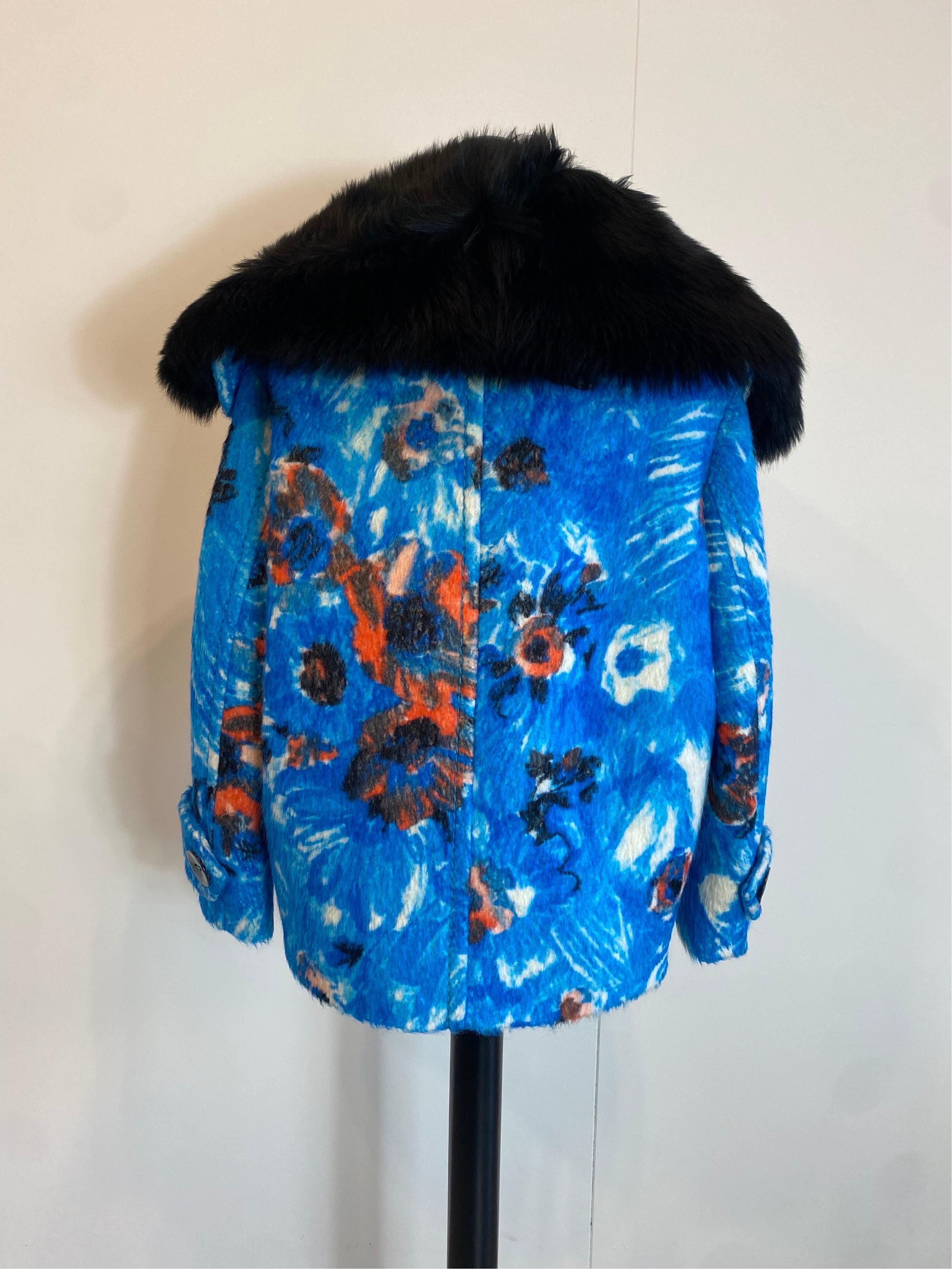 Prada AW 2015 Alpaca Blue Flower Coat For Sale 2
