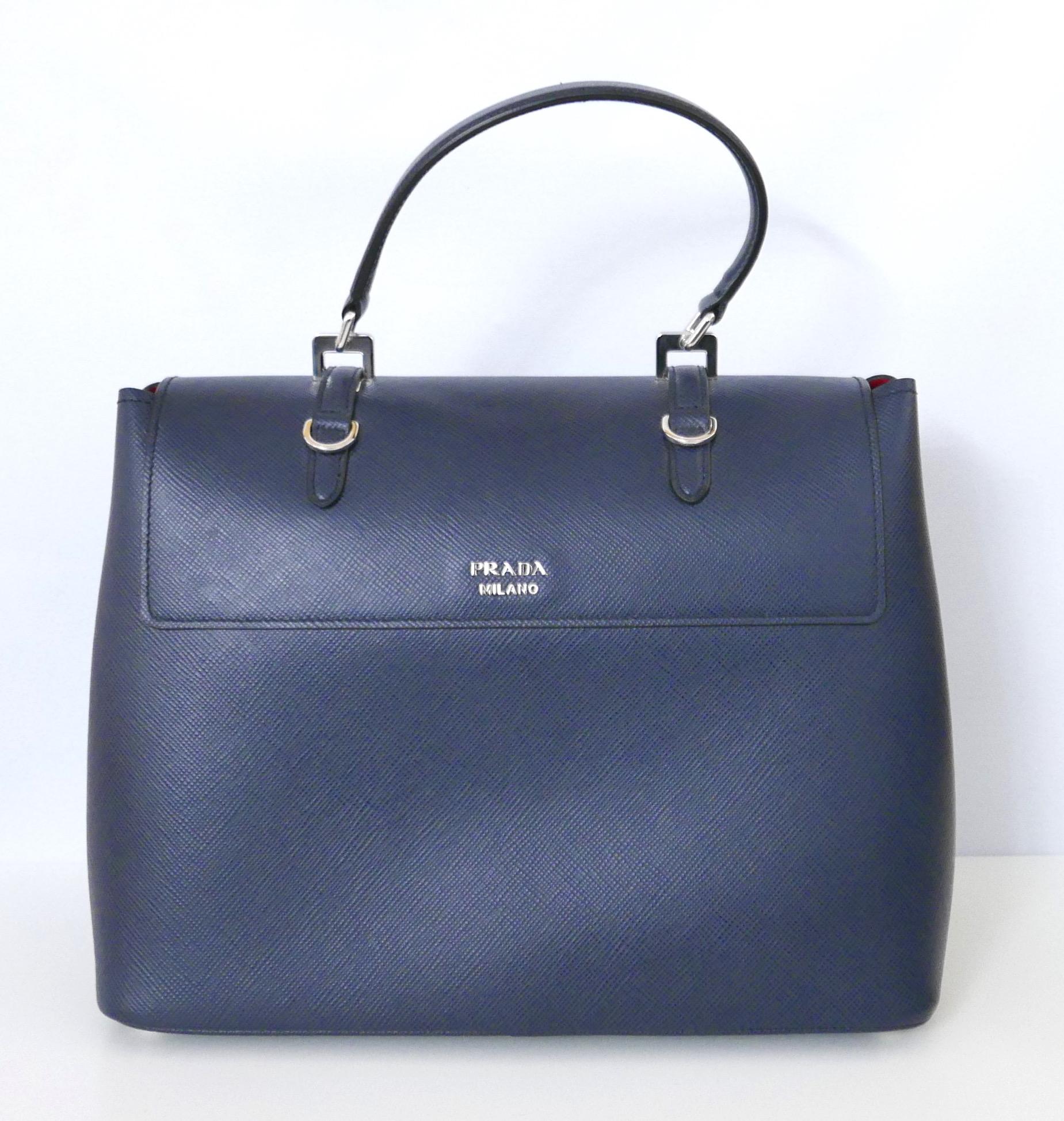 Women's Prada AW14 Blue Saffiano Leather Double Satchel Bag For Sale