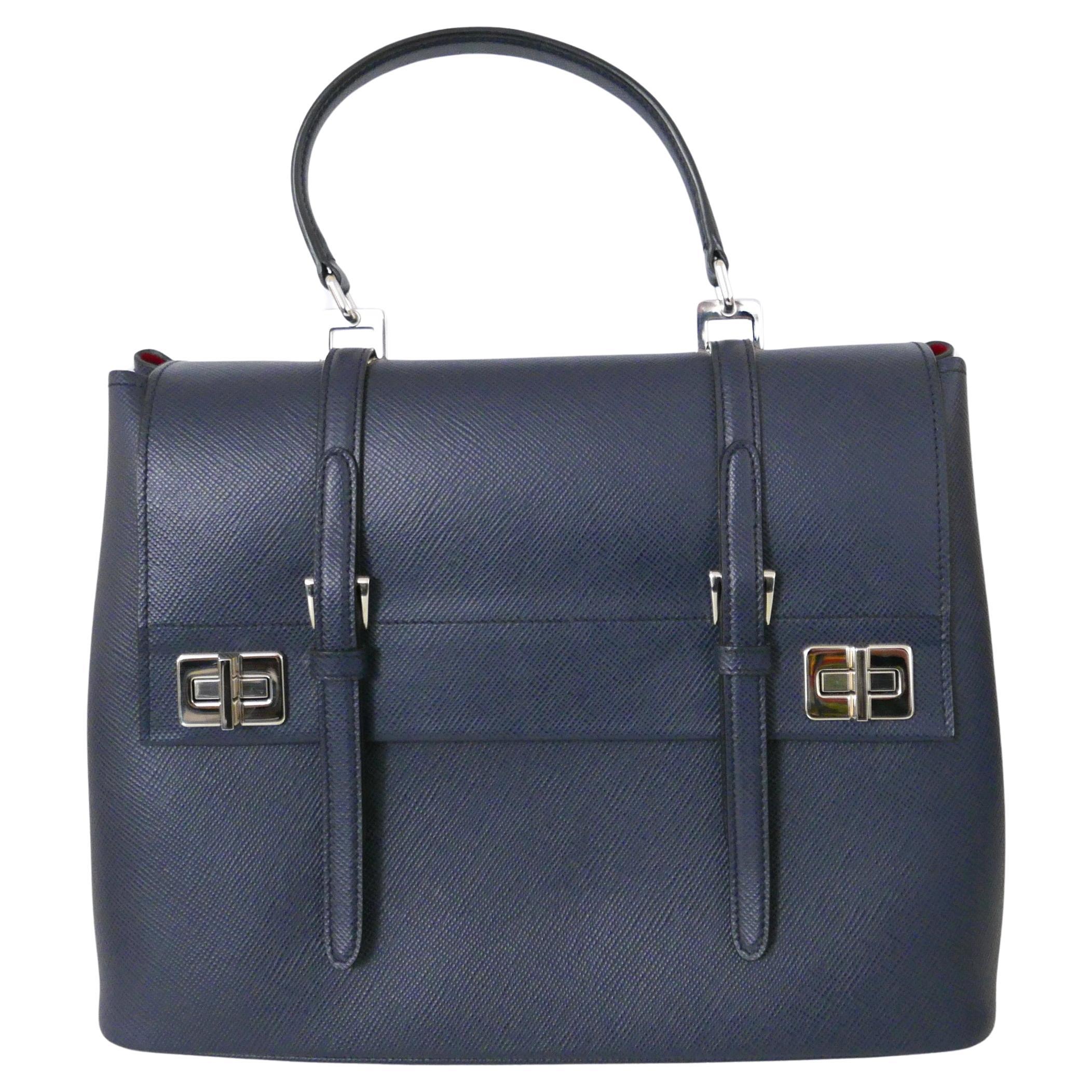 Prada AW14 Blue Saffiano Leather Double Satchel Bag For Sale