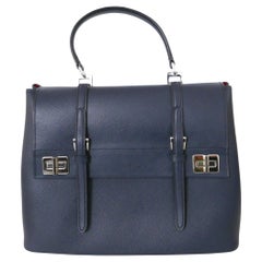 Used Prada AW14 Blue Saffiano Leather Double Satchel Bag