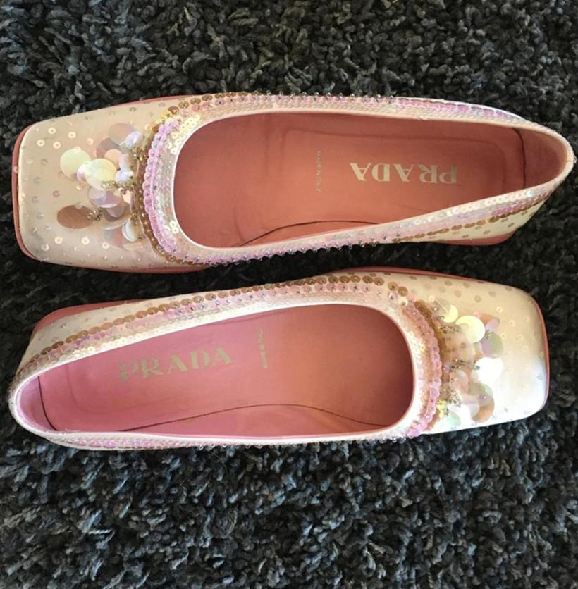 PRADA Baby pink embroidered Paillettes and pearls ballerina FW1999 For Sale 5