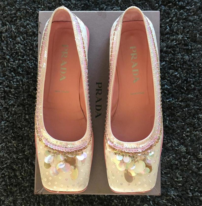 PRADA Baby pink embroidered Paillettes and pearls ballerina FW1999 For Sale 6