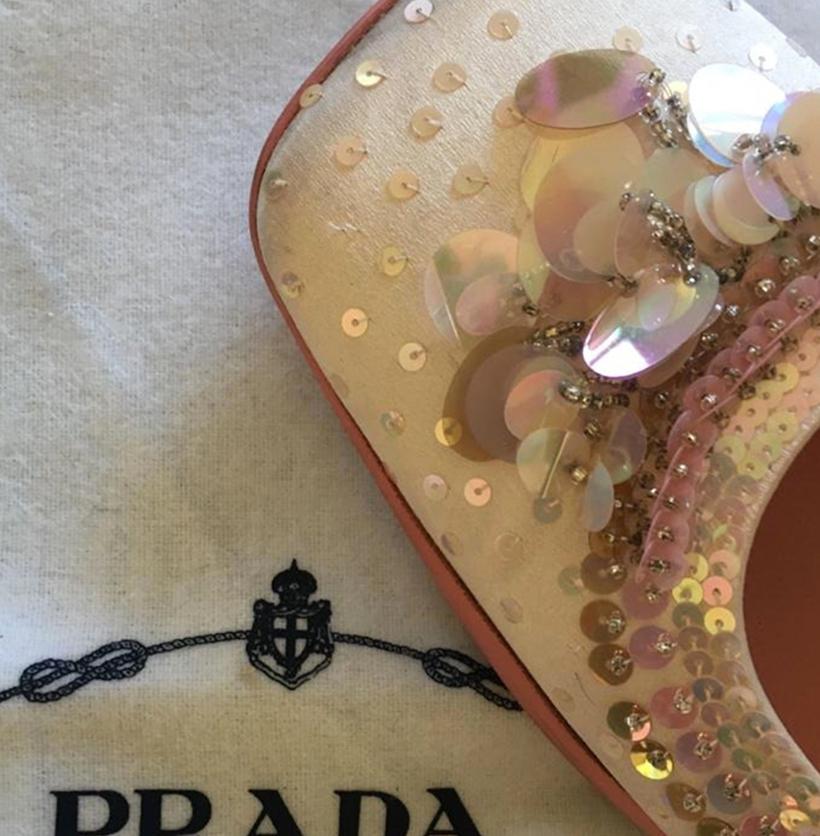 PRADA Baby pink embroidered Paillettes and pearls ballerina FW1999 In Fair Condition For Sale In Paris, FR