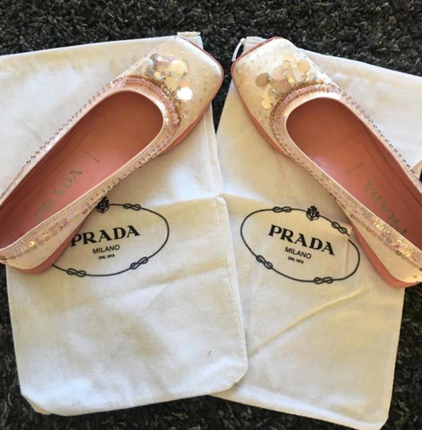 PRADA Baby pink embroidered Paillettes and pearls ballerina FW1999 For Sale 2