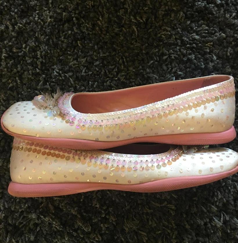 PRADA Baby pink embroidered Paillettes and pearls ballerina FW1999 For Sale 4