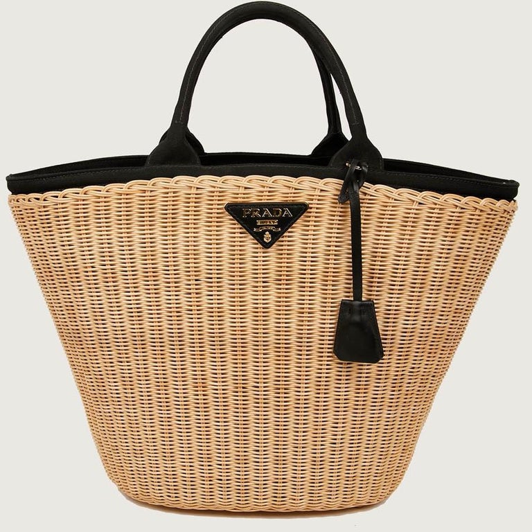 PRADA Bag in Natural Wicker and Black Cotton Canvas at 1stDibs