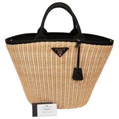 PRADA Bag in Natural Wicker and Black Cotton Canvas