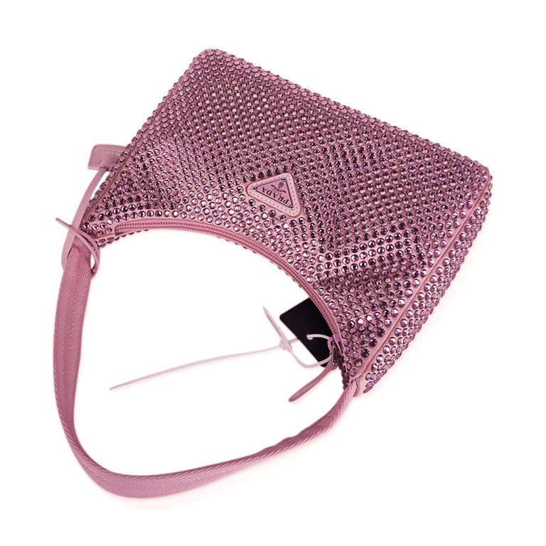 Women's Prada Bag Pink Satin Crystal Mini Re-Edition 2000 Alabastro For Sale