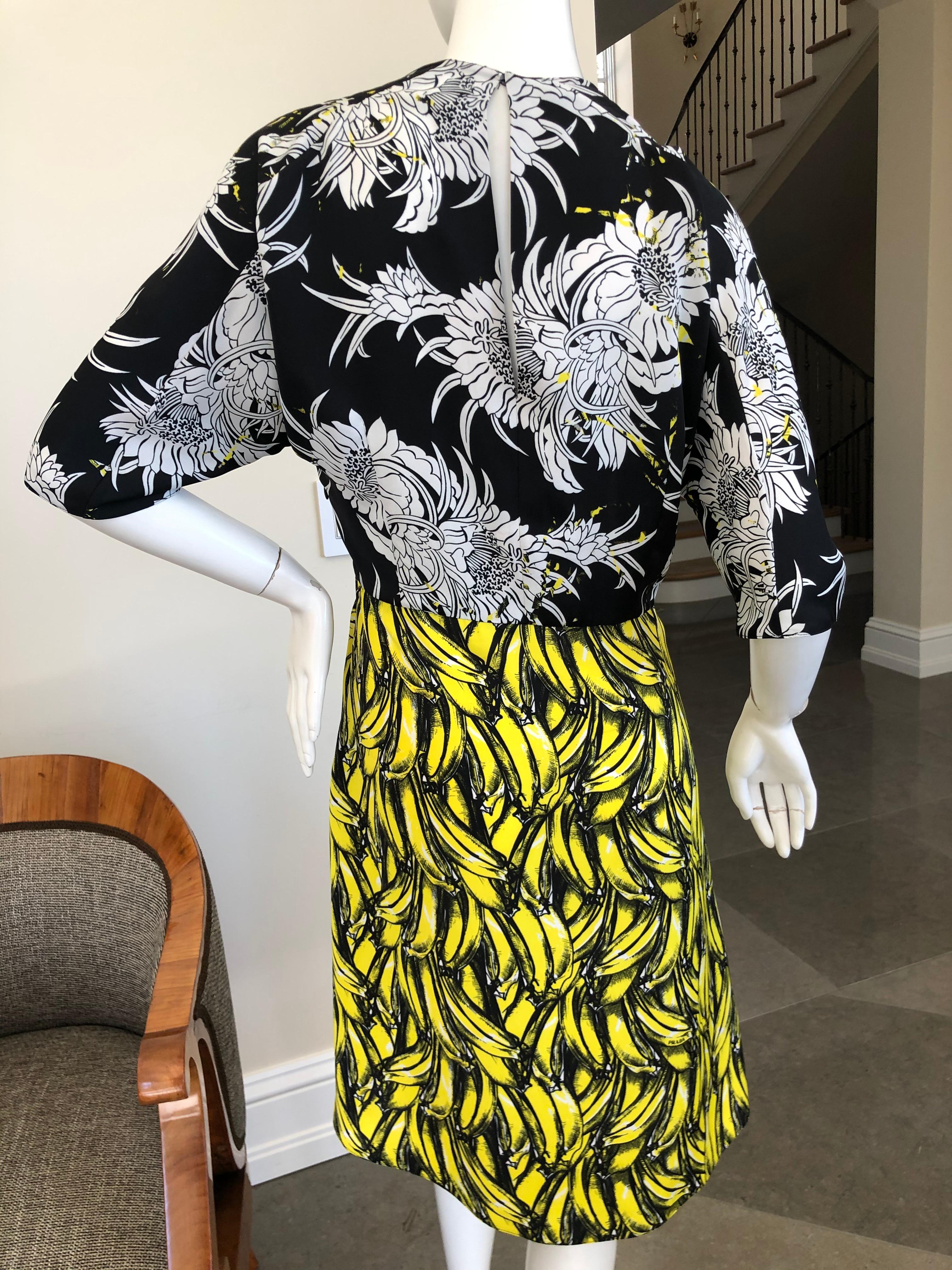 Prada Banana and Dahlia Print Dress with Pleated Accents A/W 2018 For Sale 2