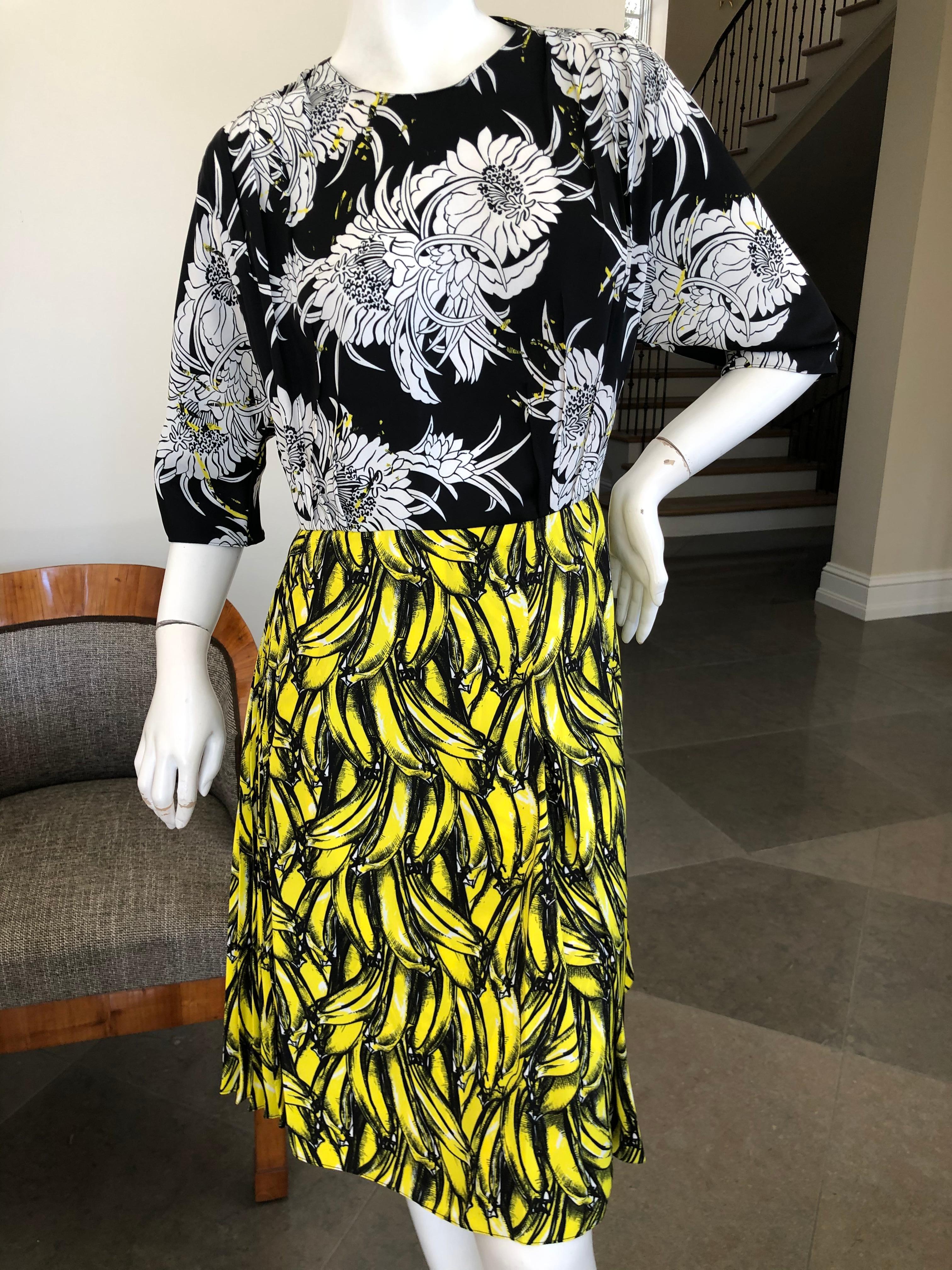 Black Prada Banana and Dahlia Print Dress with Pleated Accents A/W 2018 For Sale