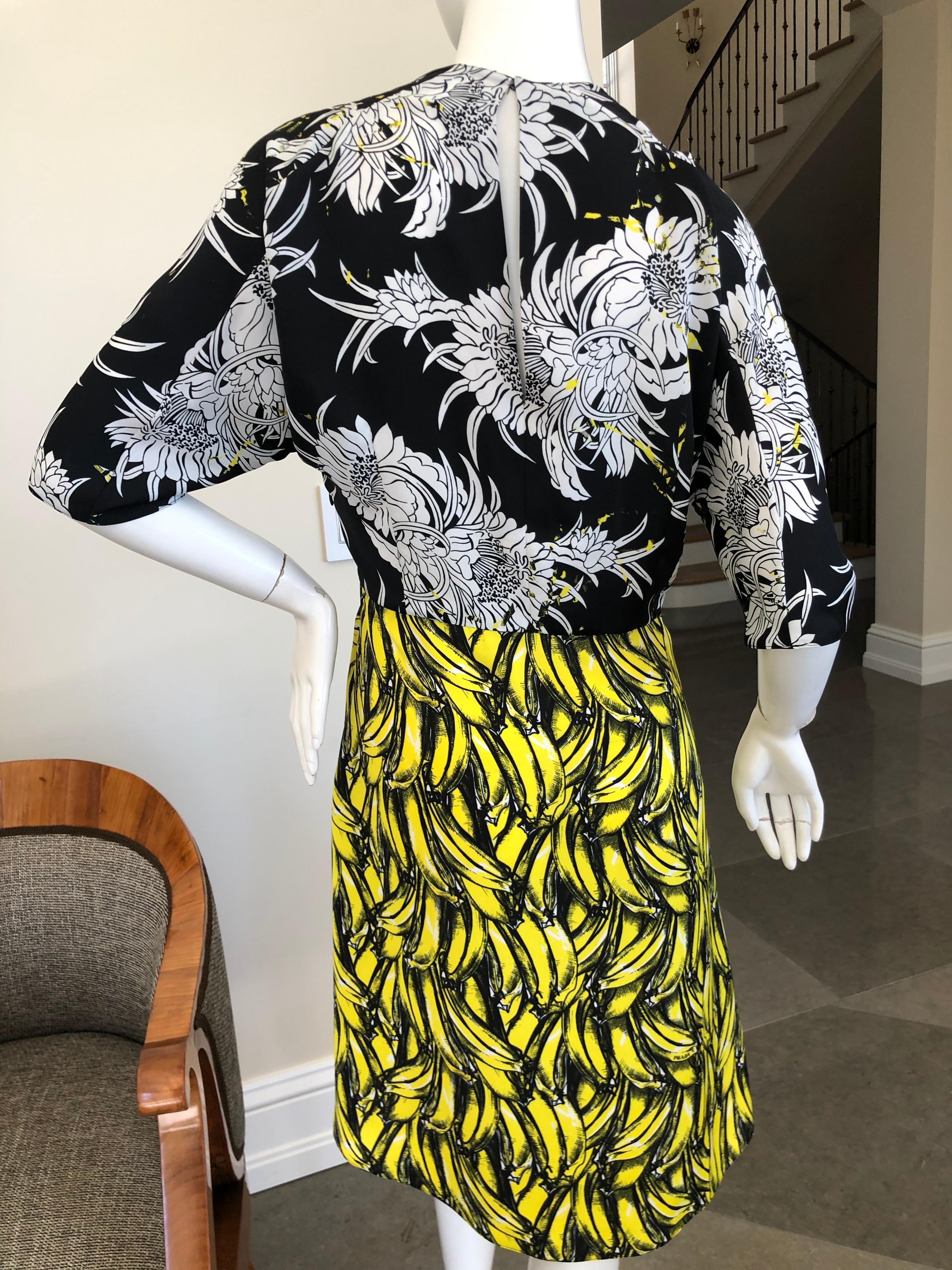 Prada Banana and Dahlia Print Dress with Pleated Accents A/W 2018 For Sale 1