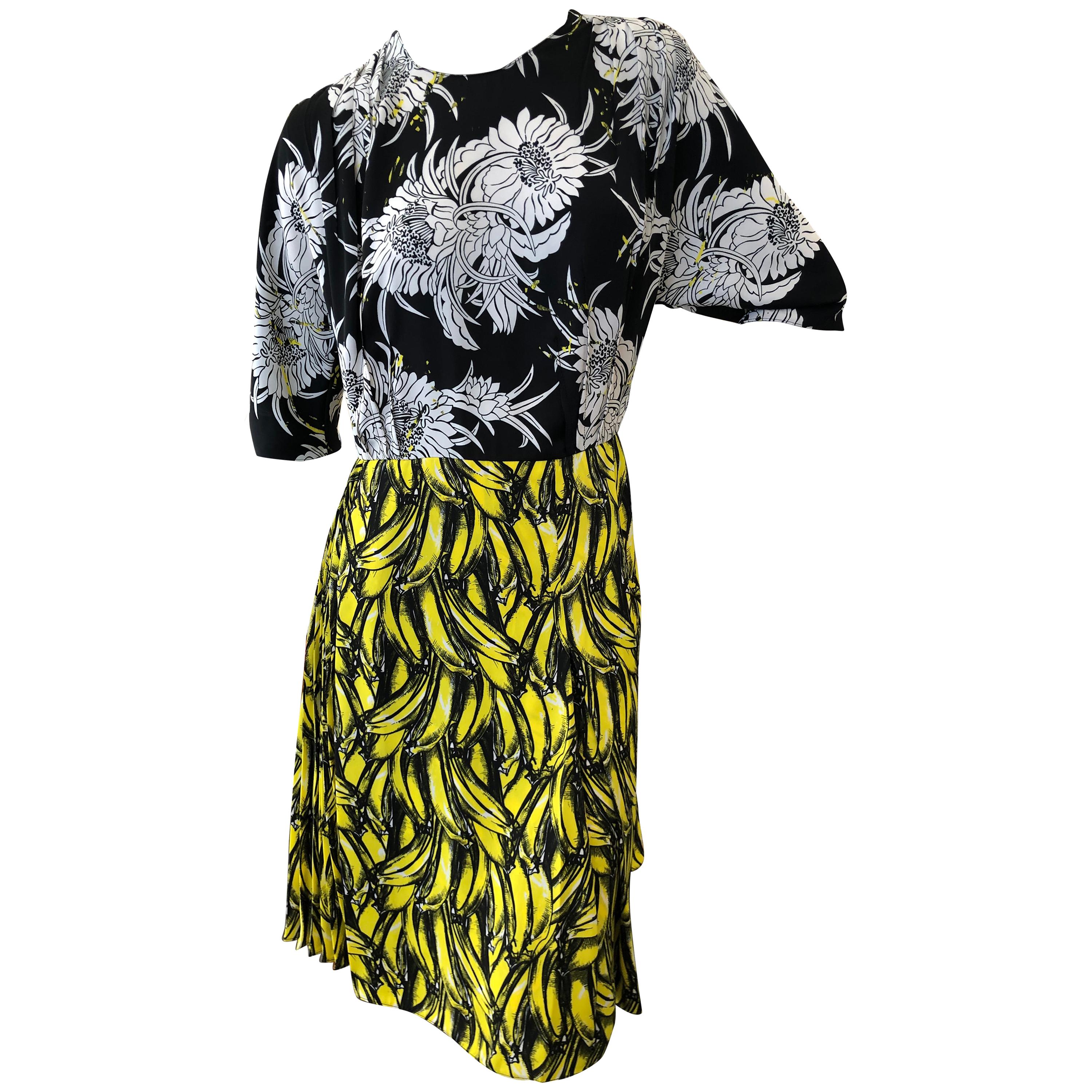 Prada Banana and Dahlia Print Dress with Pleated Accents A/W 2018 For Sale