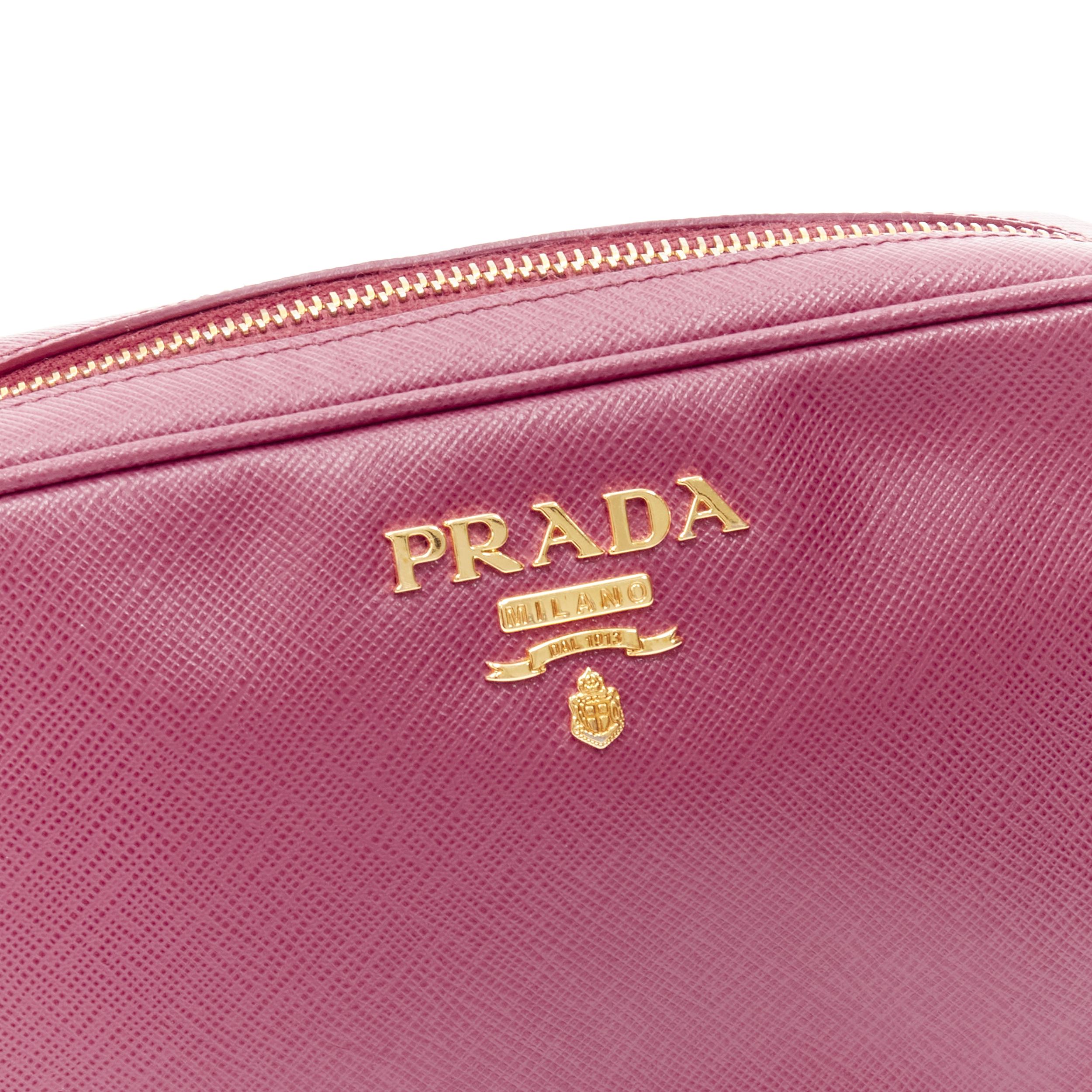 Pink PRADA Bandoliera Bruyere pink saffiano leather gold logo crossbody camera bag